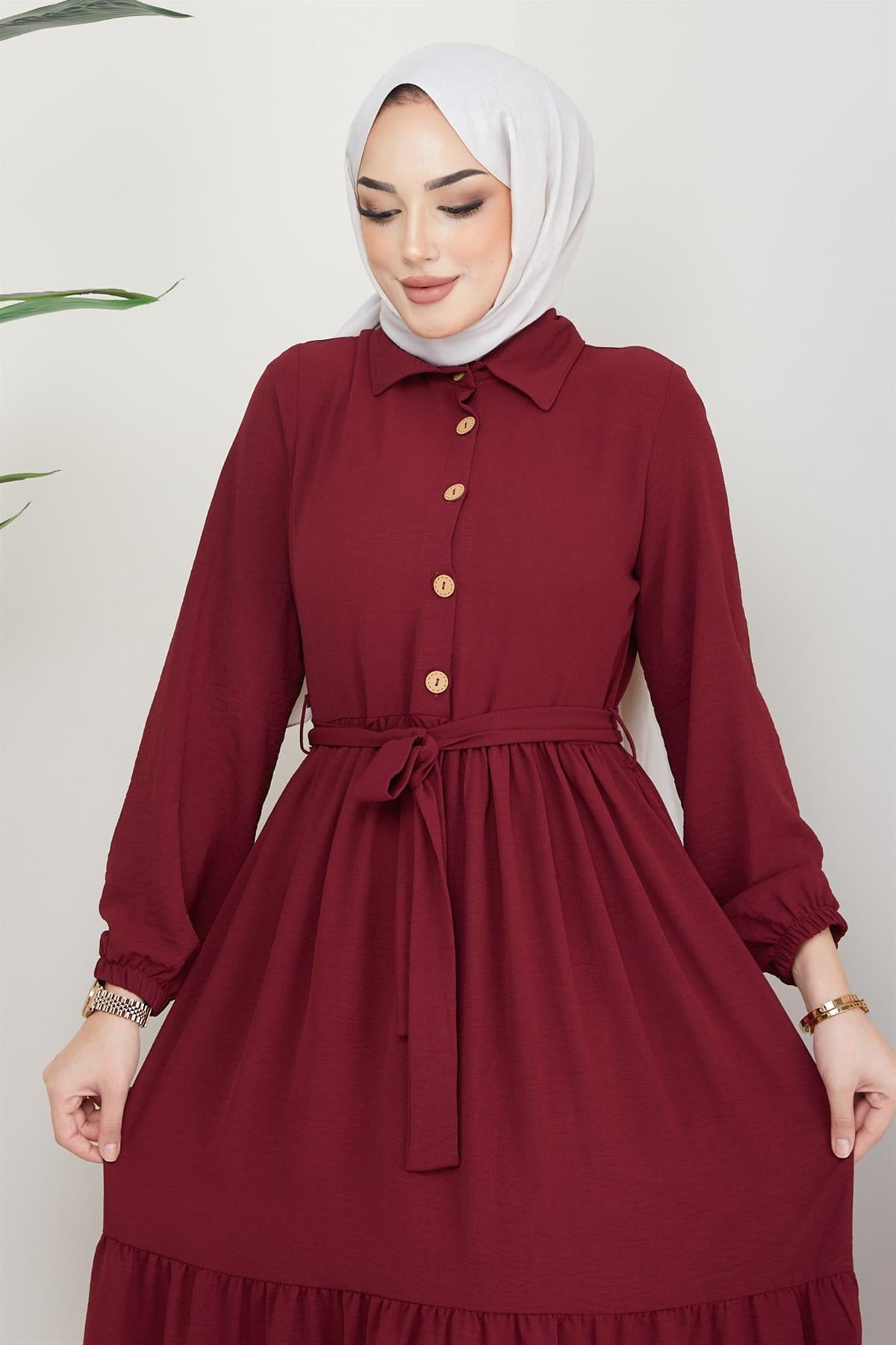 Kuşaklı Düğmeli Ayrobin Tesettür Elbise Bordo