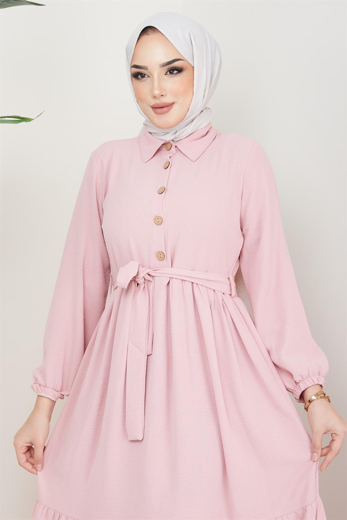 Kuşaklı Düğmeli Ayrobin Tesettür Elbise Pembe
