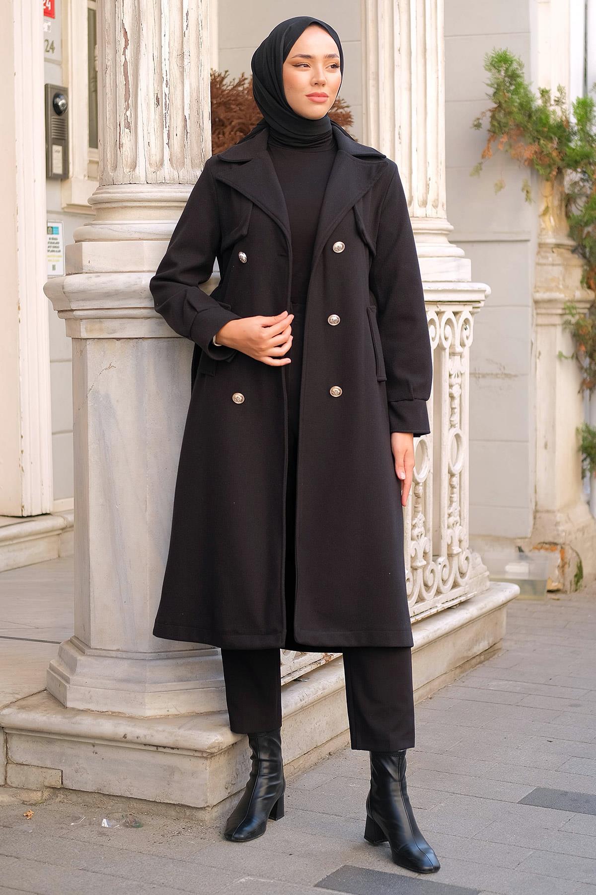 Kuşaklı Düğmeli Kaşe Kaban Siyah HM2301