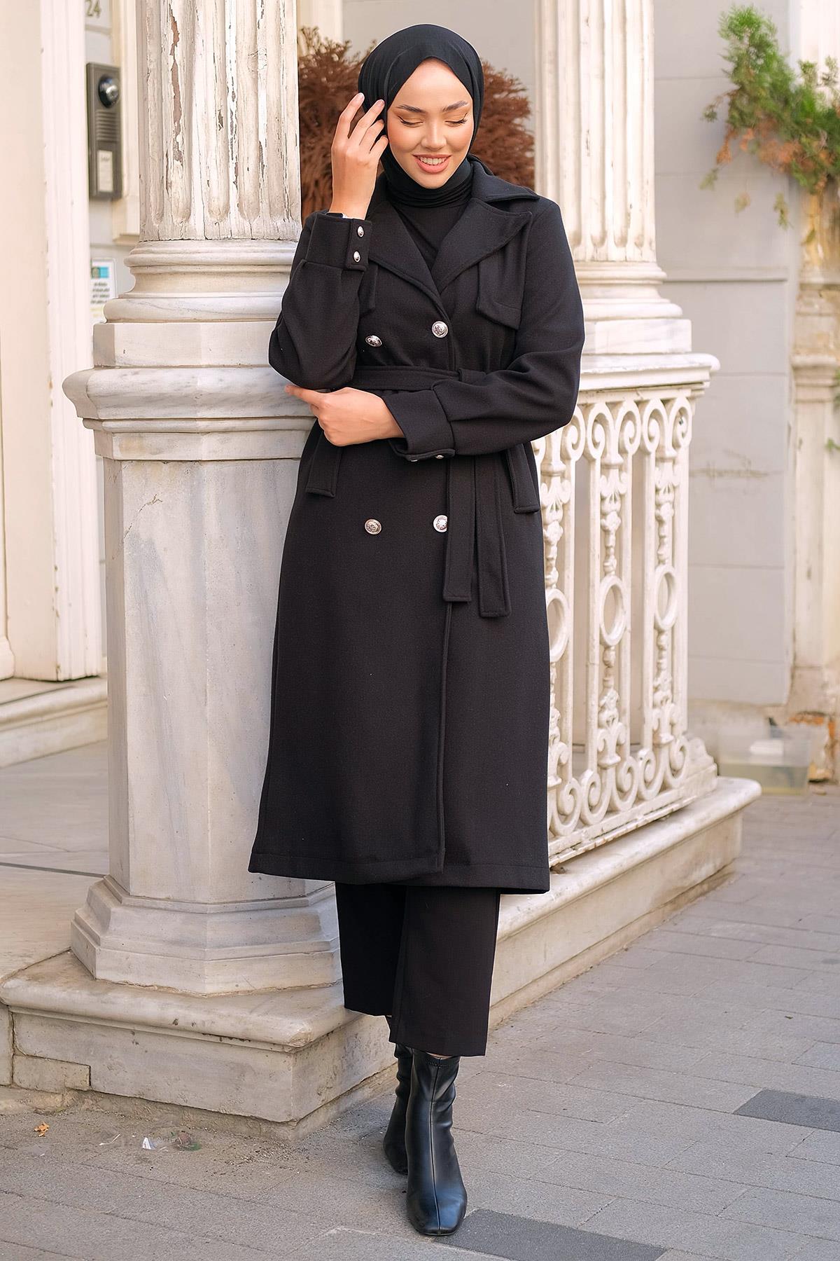 Kuşaklı Düğmeli Kaşe Kaban Siyah HM2301