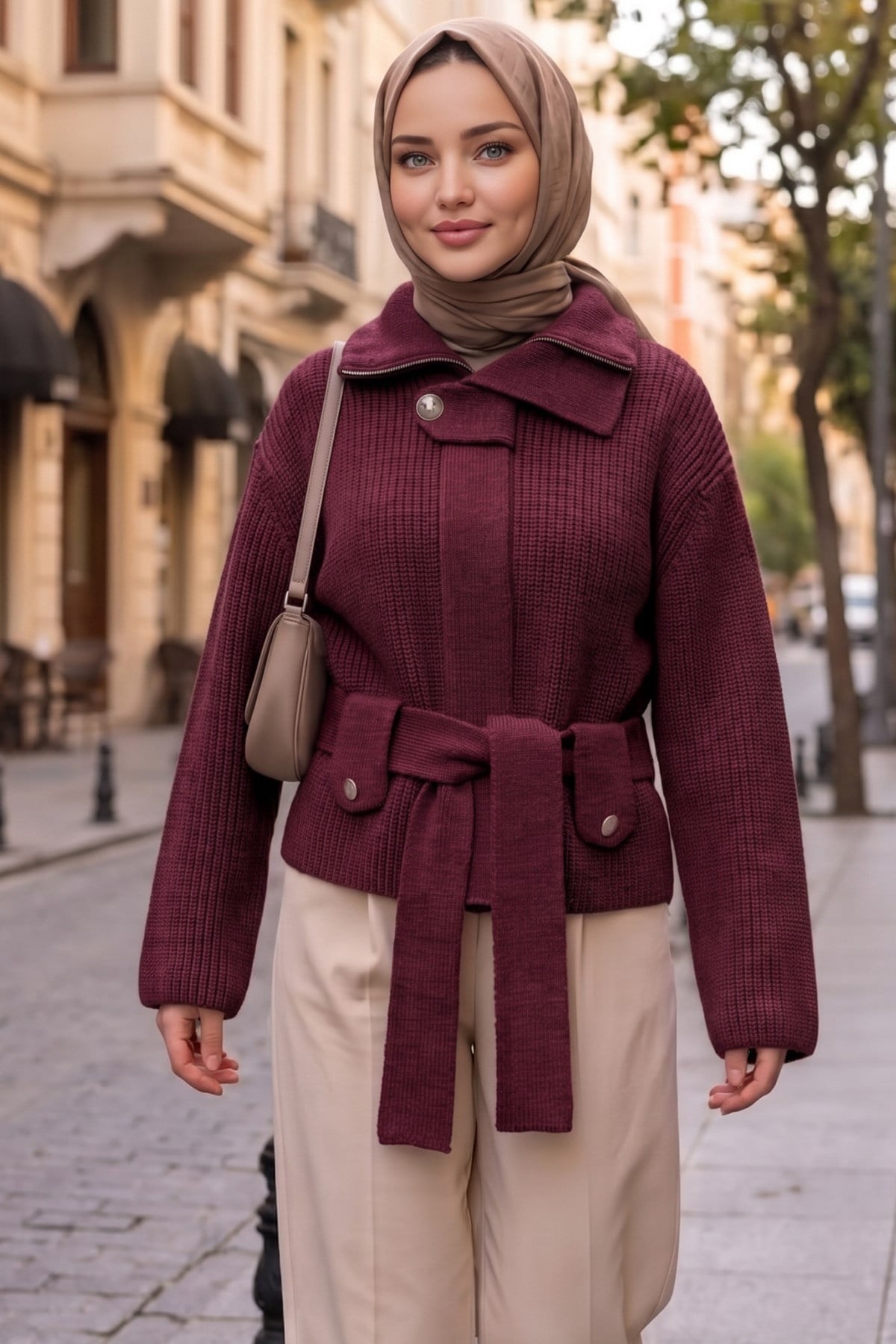 Kuşaklı Yarım Balıkçı Yaka Triko Hırka Bordo HNT2808