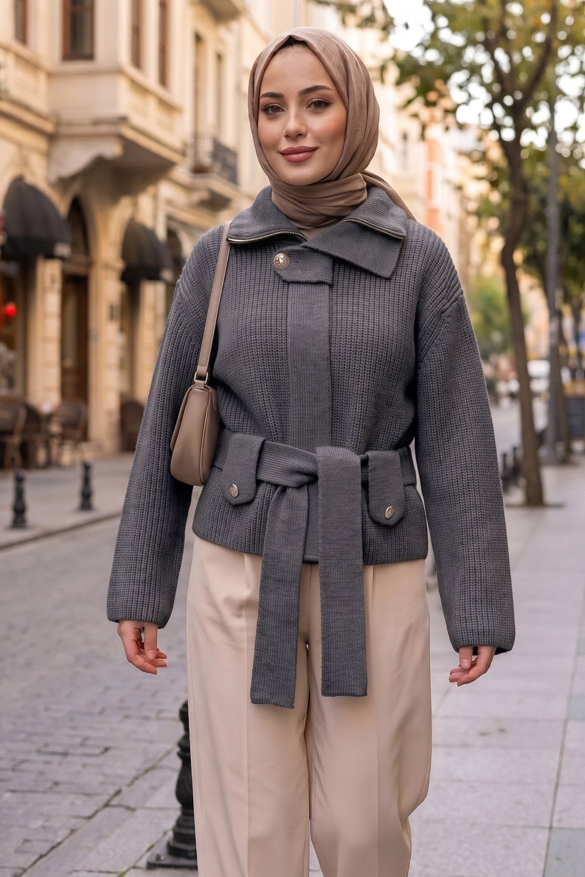 Kuşaklı Yarım Balıkçı Yaka Triko Hırka Gri  HNT2808