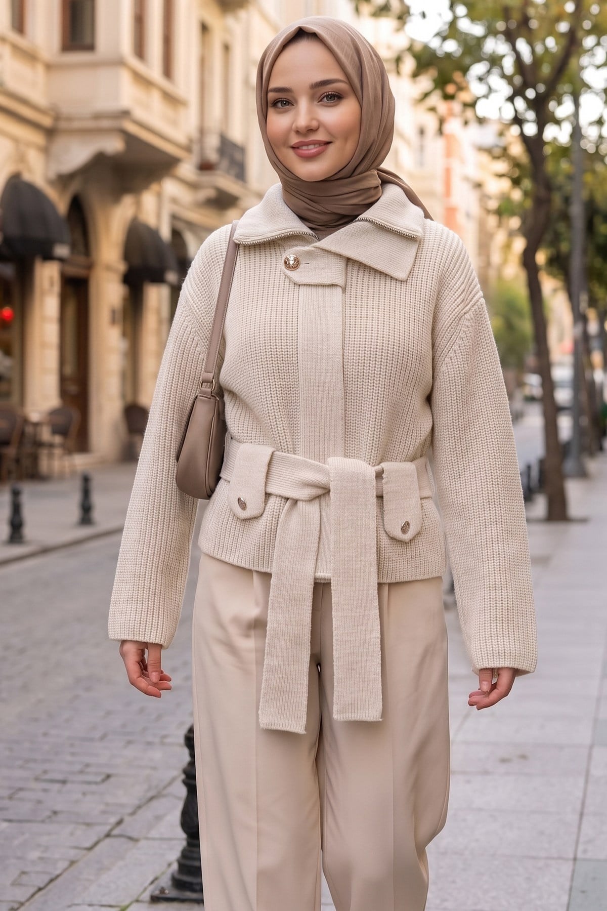 Kuşaklı Yarım Balıkçı Yaka Triko Hırka Krem  HNT2808
