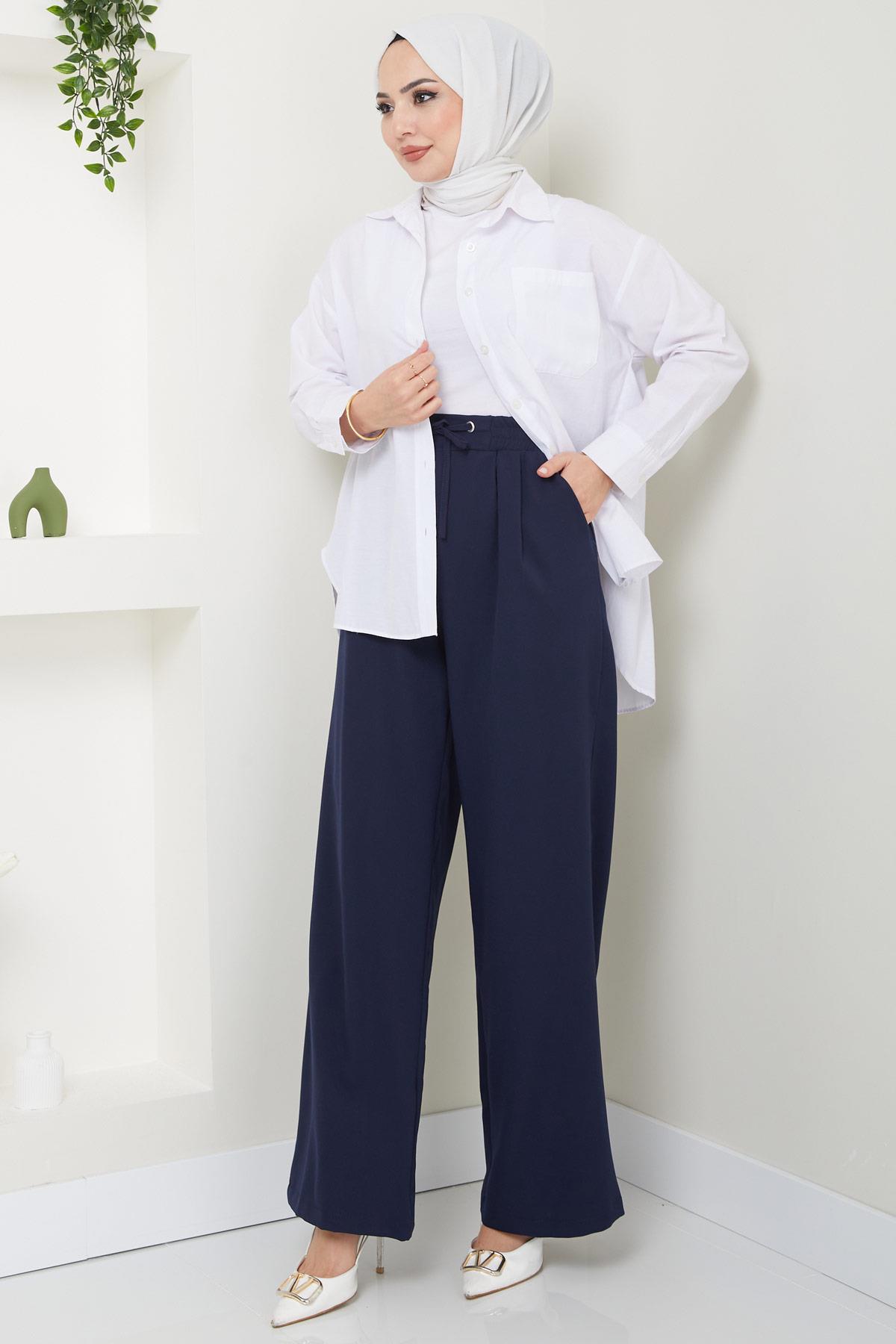 Kuşgözü Detaylı Bağcıklı Pantolon Lacivert HM2431