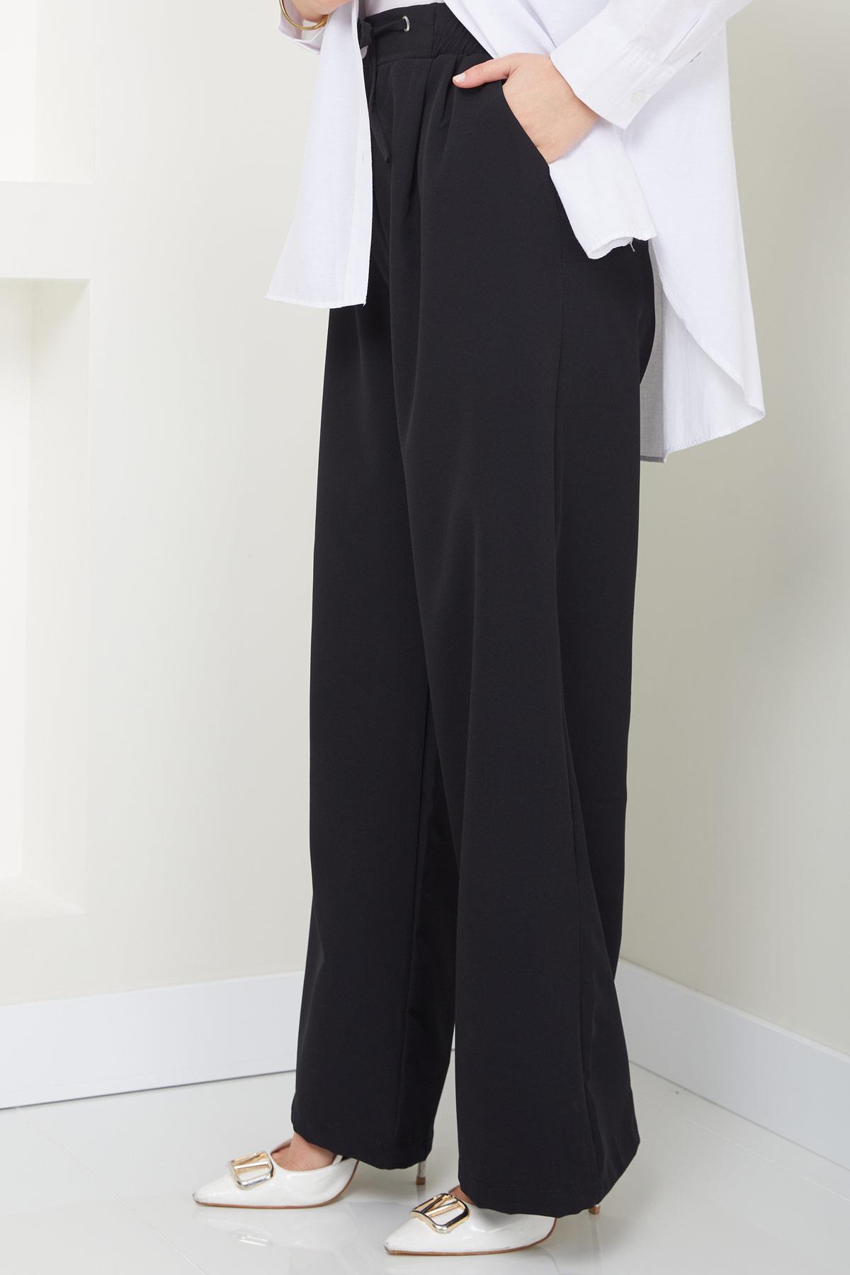 Kuşgözü Detaylı Bağcıklı Pantolon Siyah HM2431