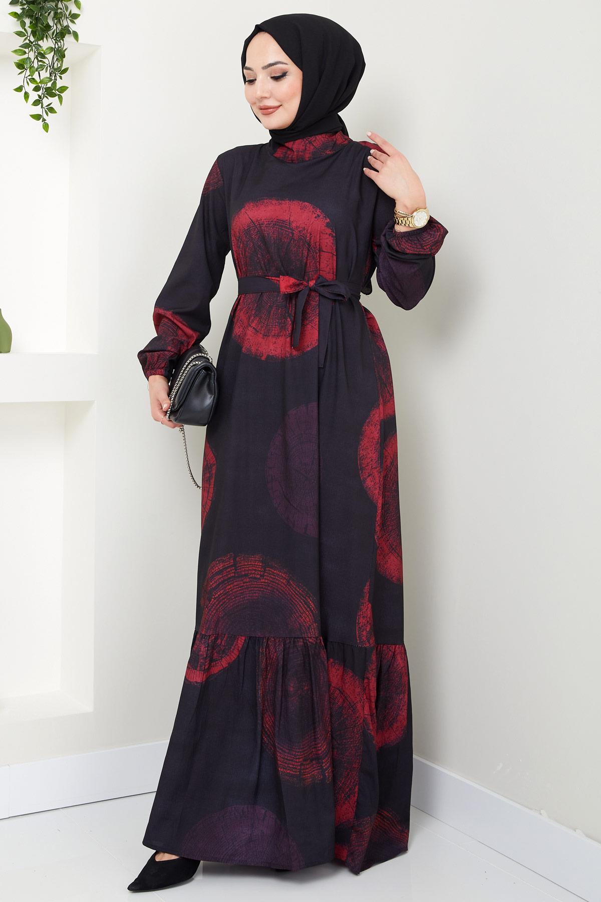 Ladin Dijital Baskılı Elbise Bordo  HM2440