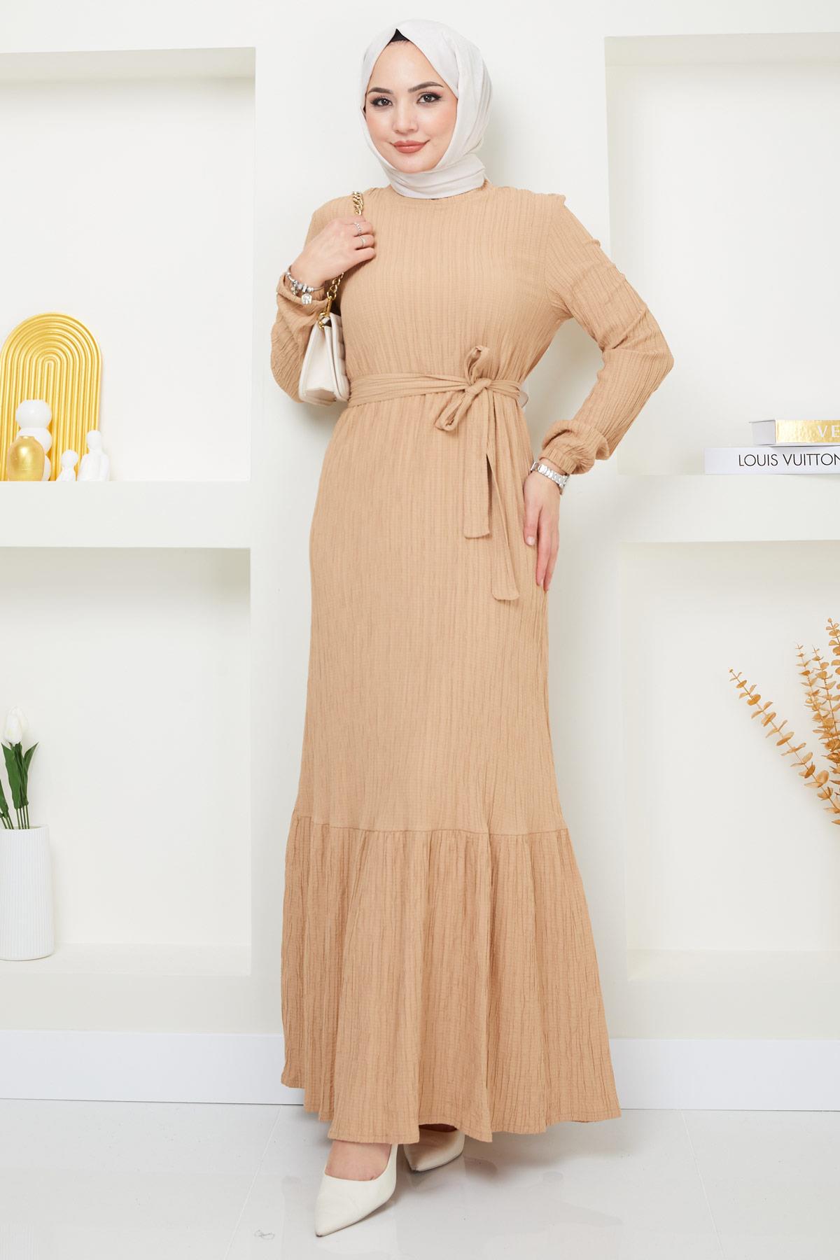 Lara Kuşaklı Elbise Bej HM2371