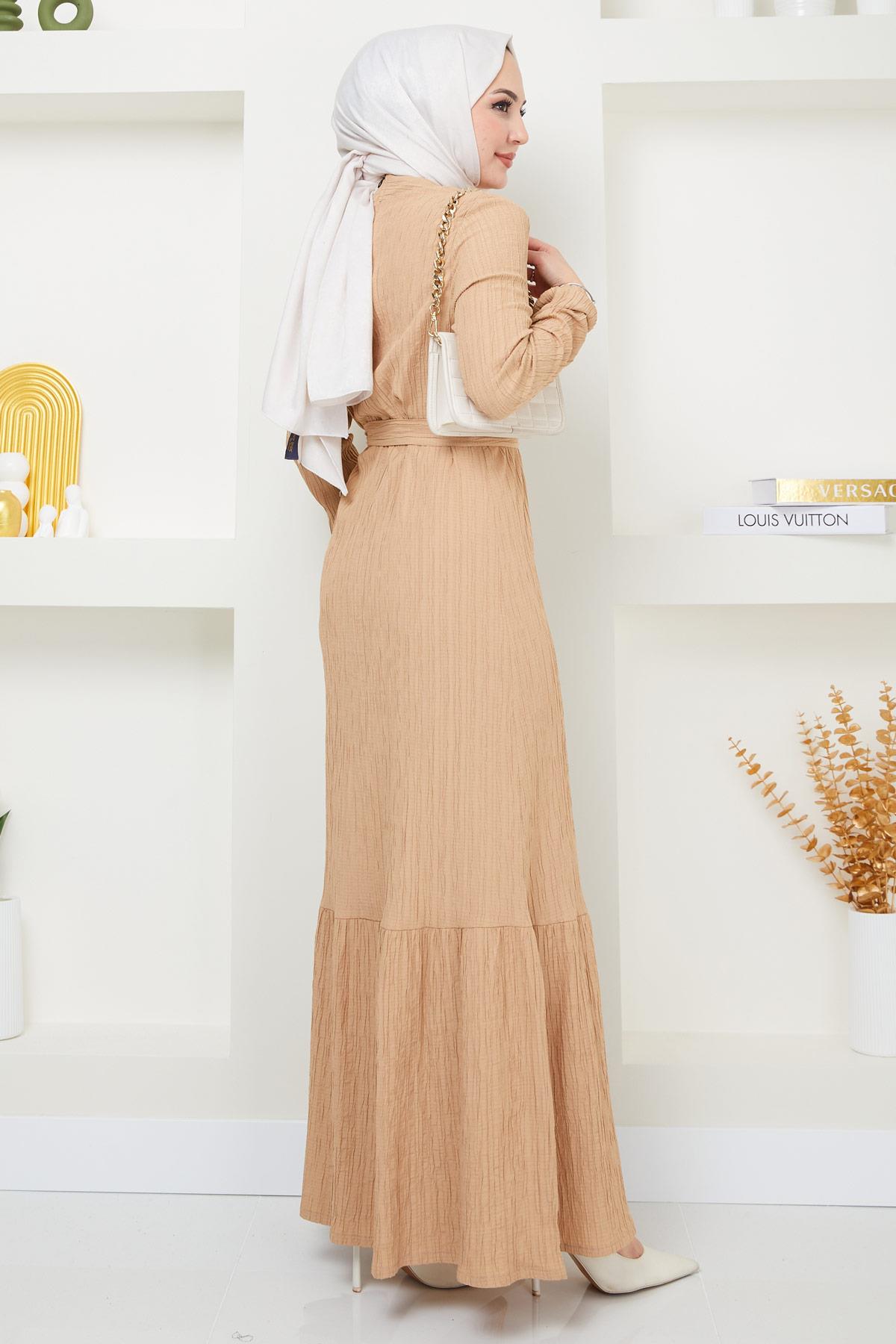 Lara Kuşaklı Elbise Bej HM2371