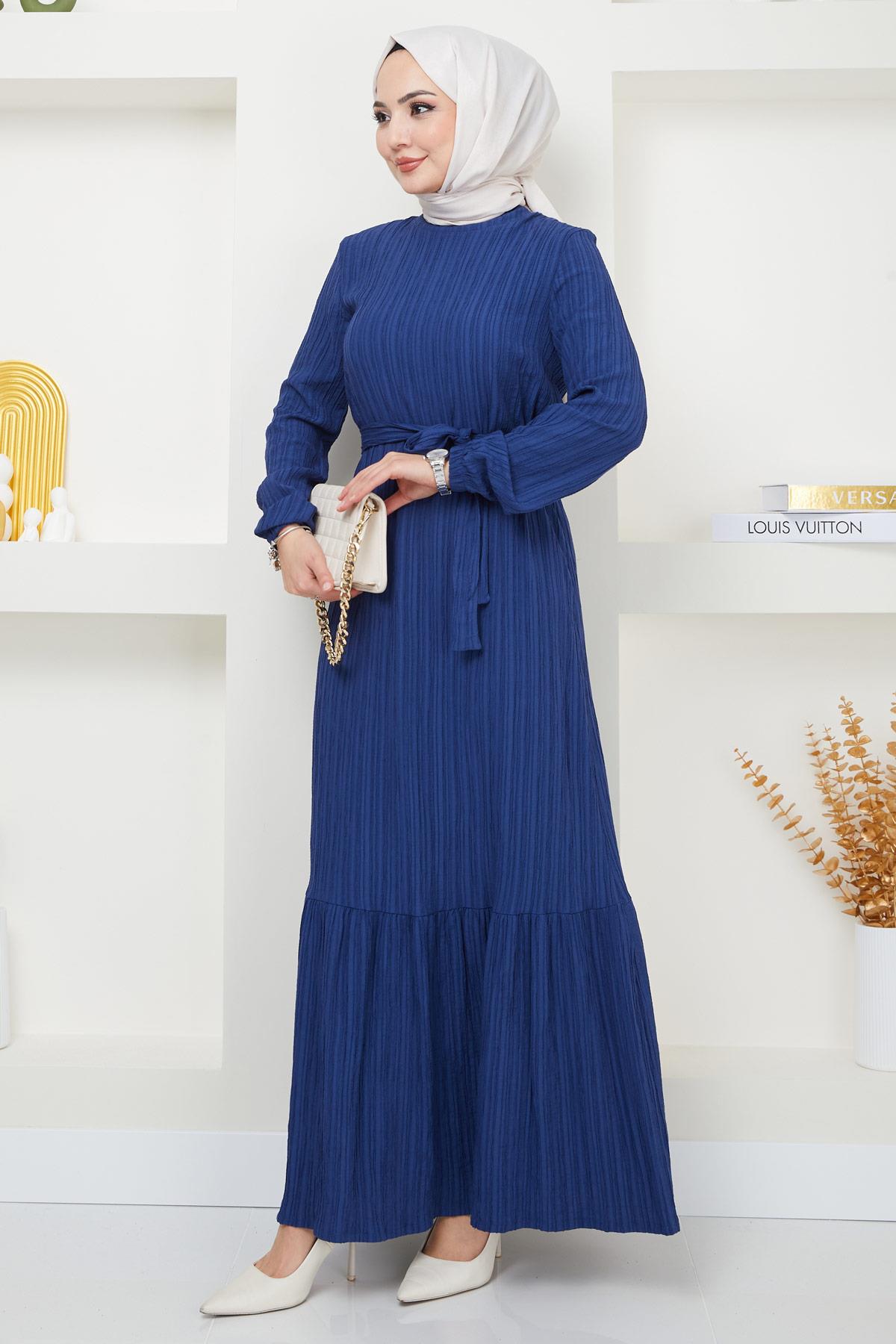 Lara Kuşaklı Elbise İndigo HM2371