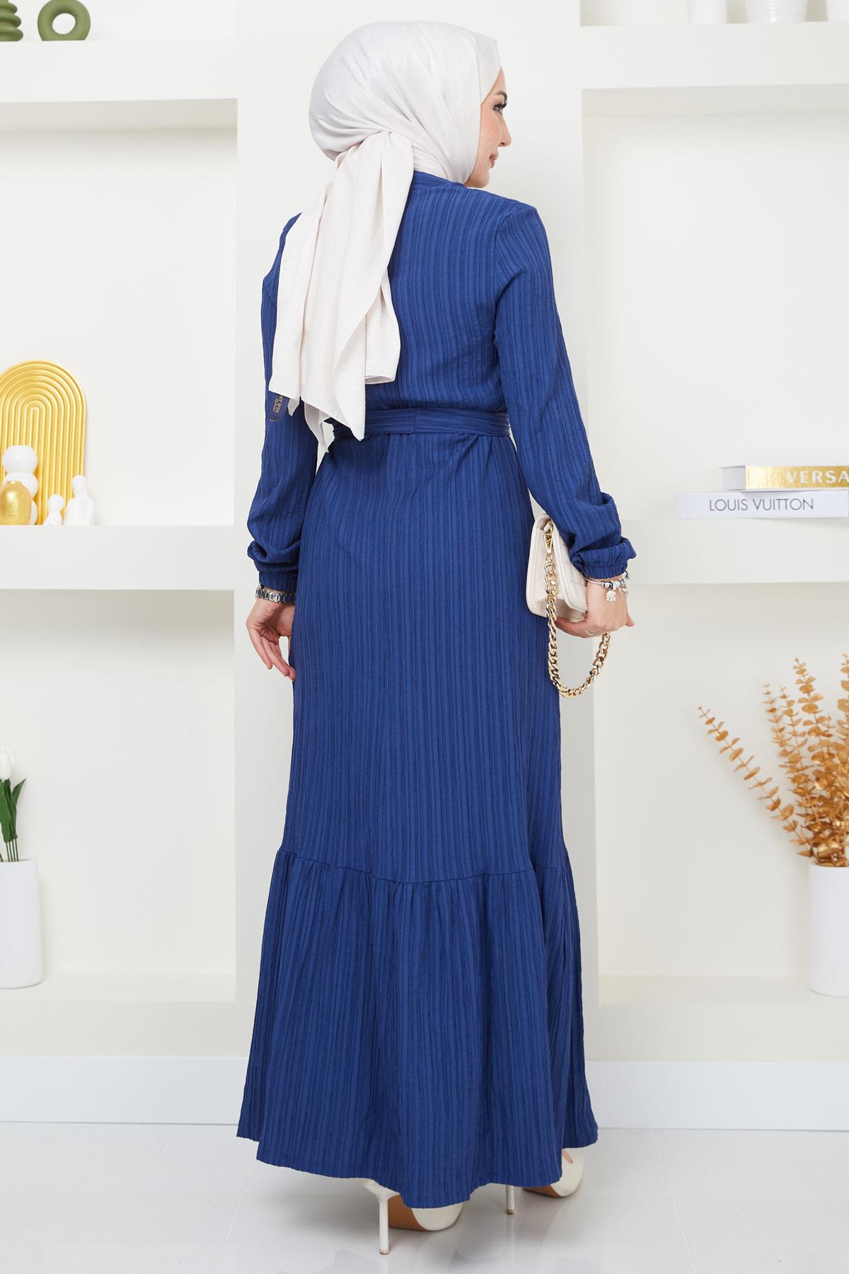 Lara Kuşaklı Elbise İndigo HM2371