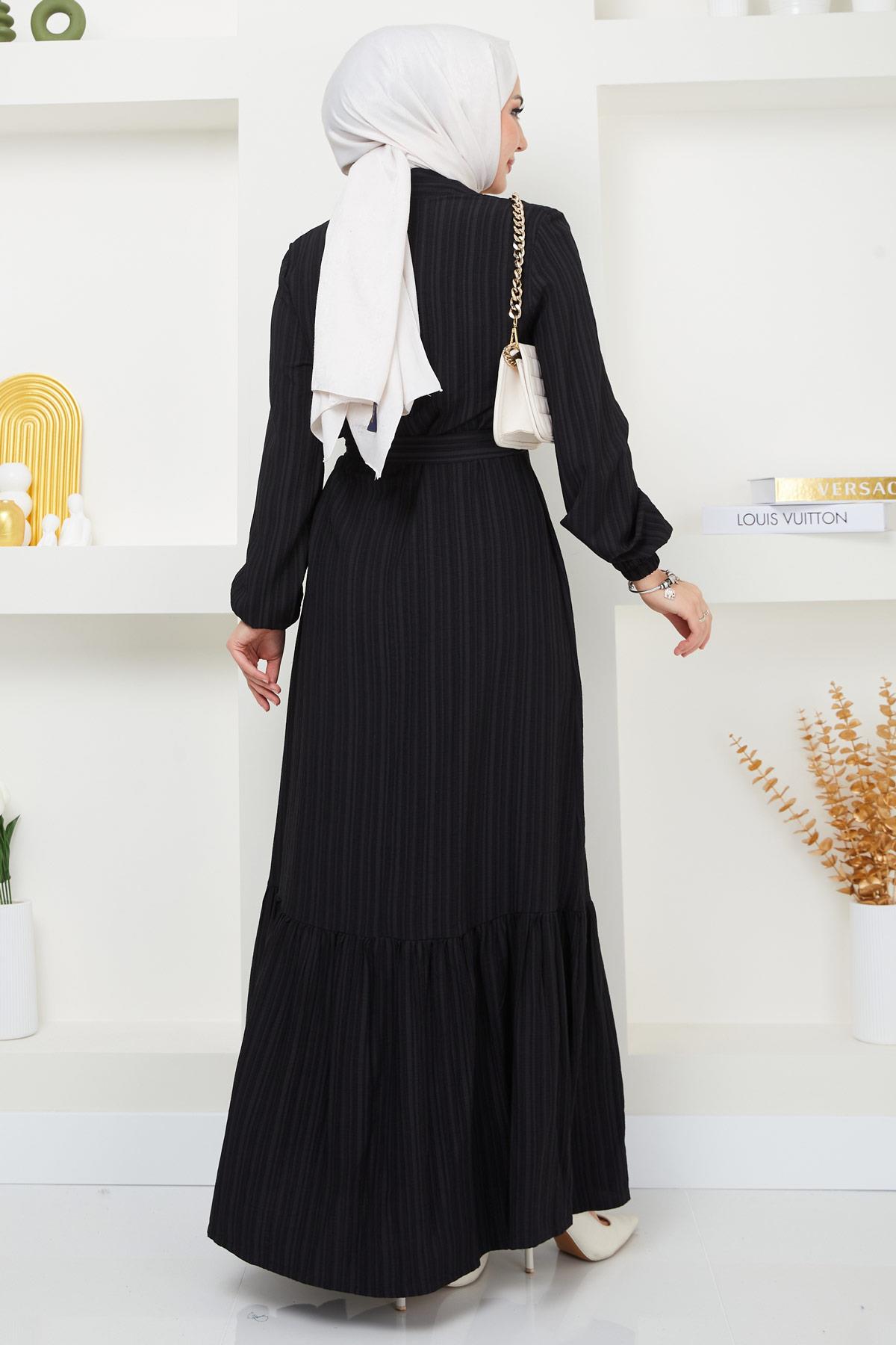 Lara Kuşaklı Elbise Siyah HM2371