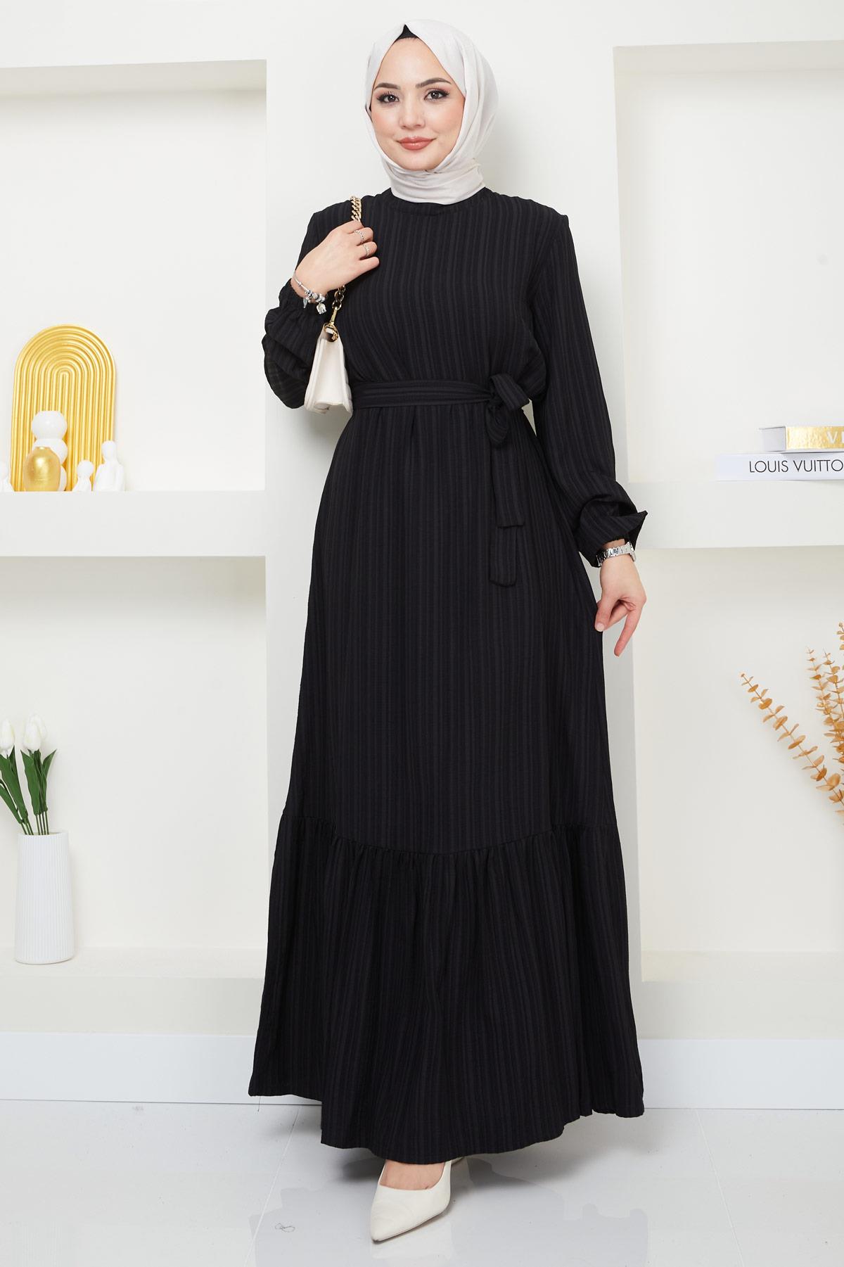 Lara Kuşaklı Elbise Siyah HM2371