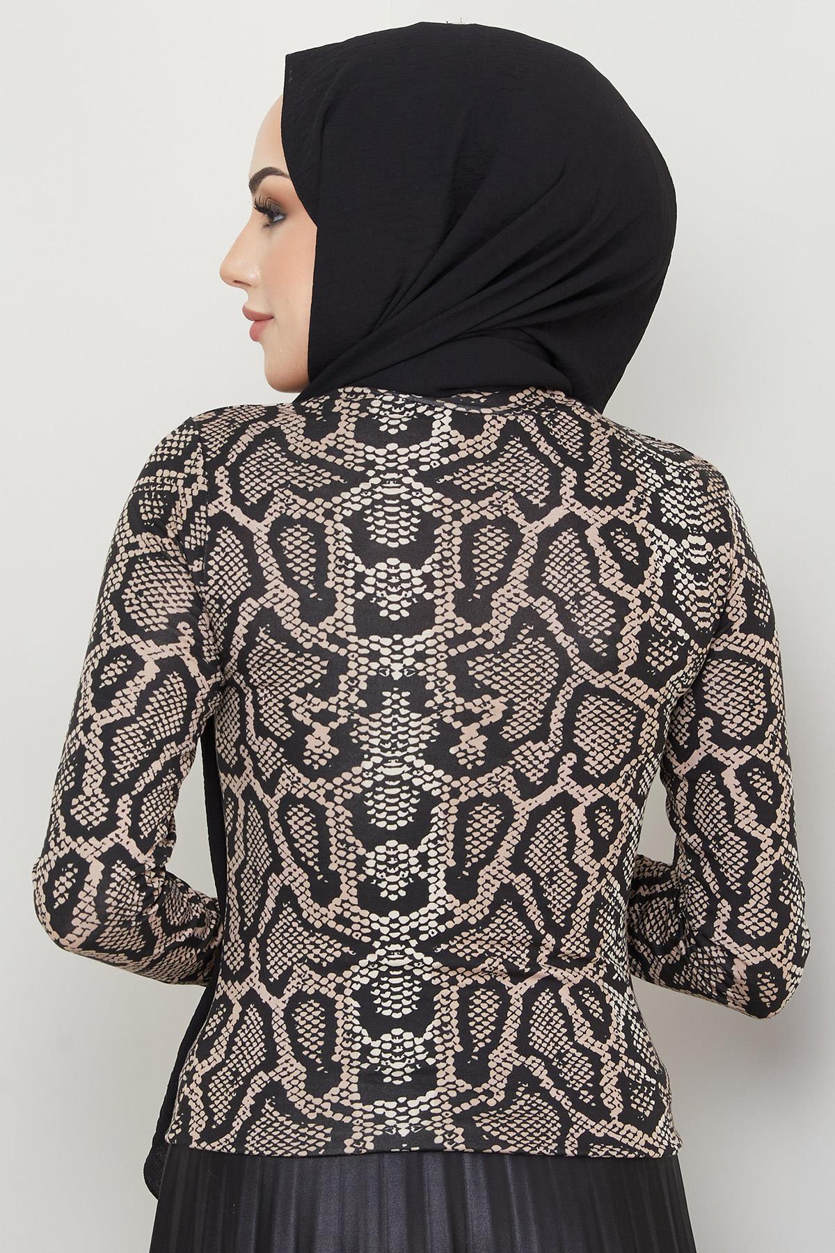 Leopar Desen Balıkçı Yaka Body Bej