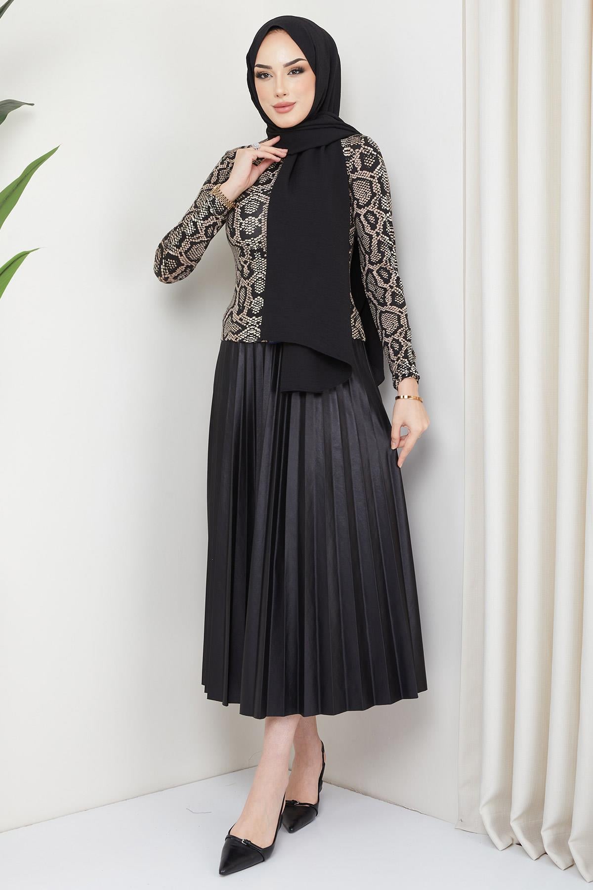 Leopar Desen Balıkçı Yaka Body Bej