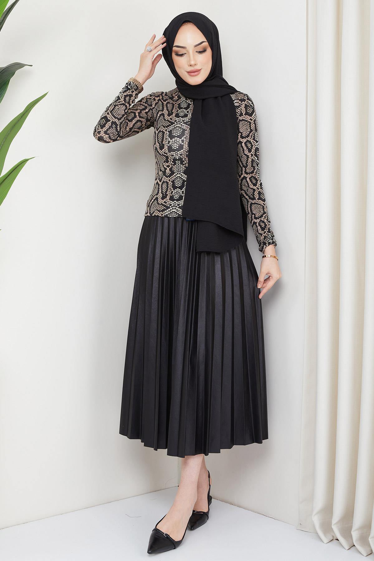 Leopar Desen Balıkçı Yaka Body Bej