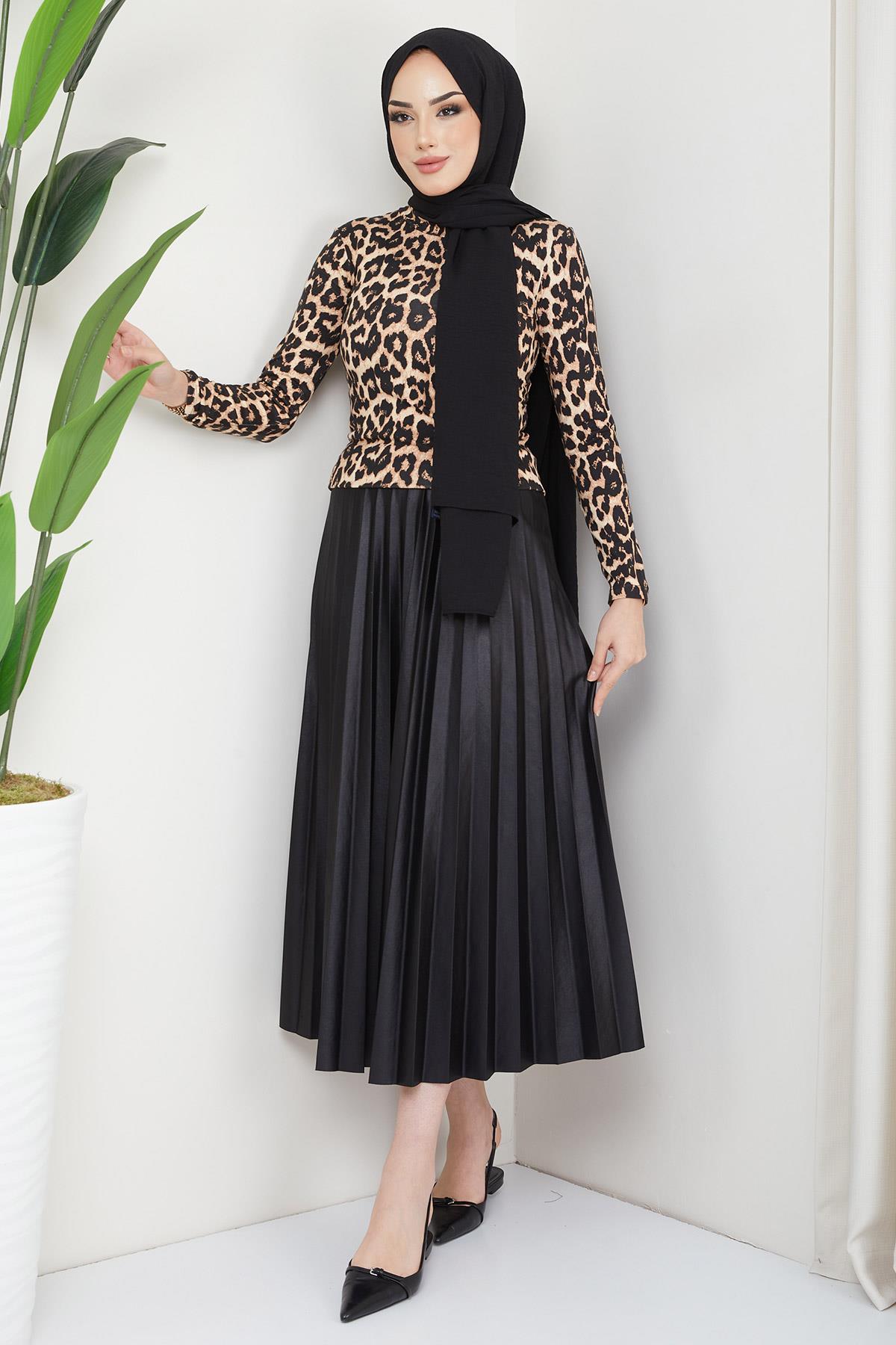 Leopar Desen Balıkçı Yaka Body Leopar
