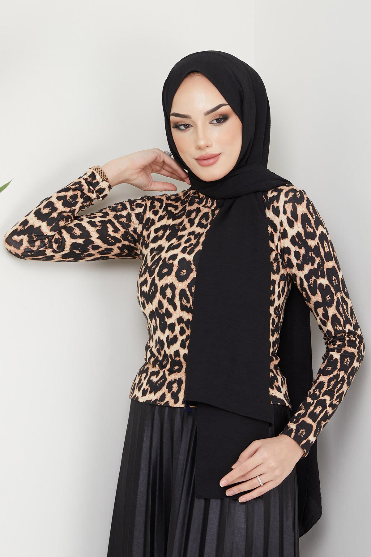 Leopar Desen Balıkçı Yaka Body Leopar