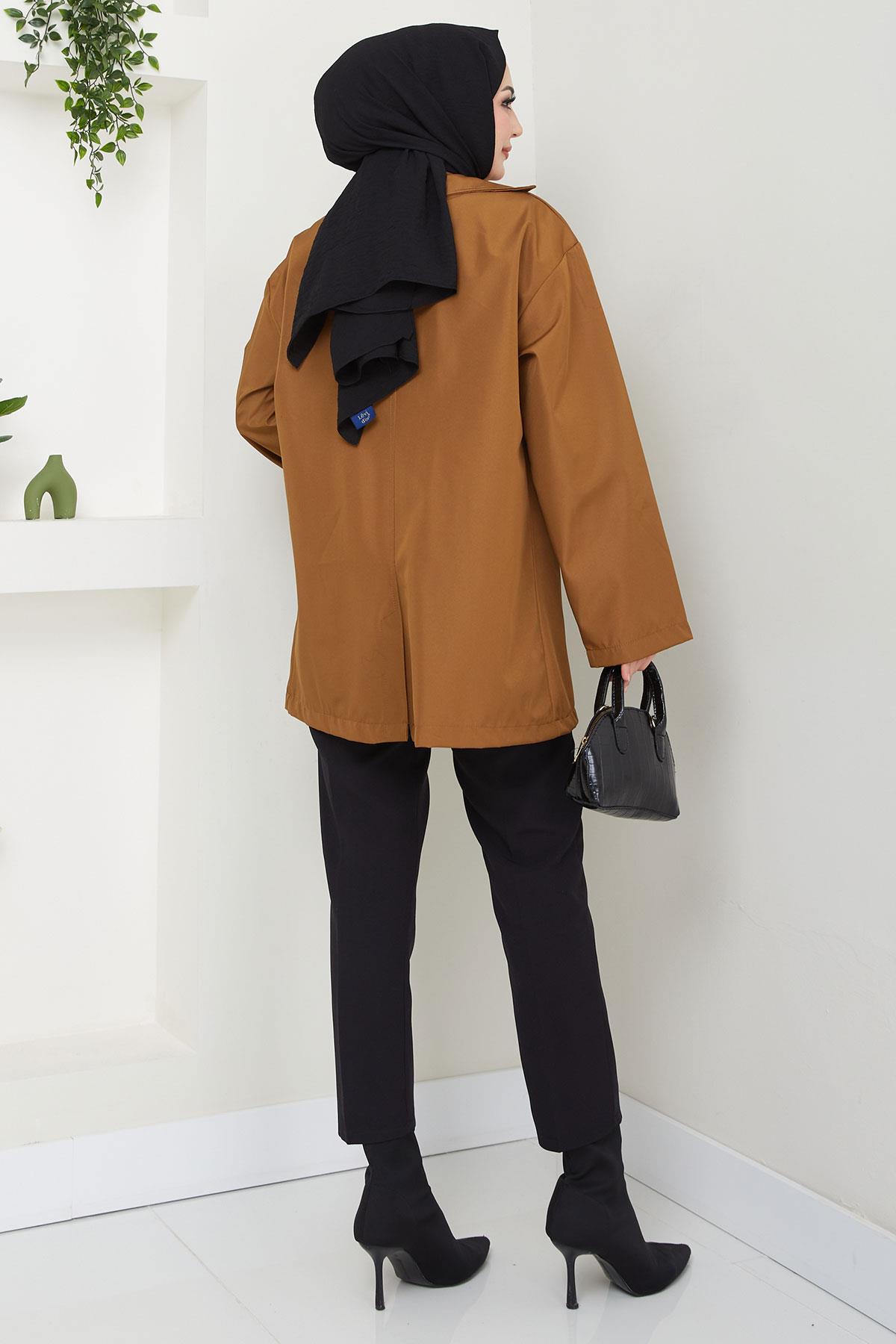 Leopar Detaylı Oversize Bondit Ceket Taba HM2638