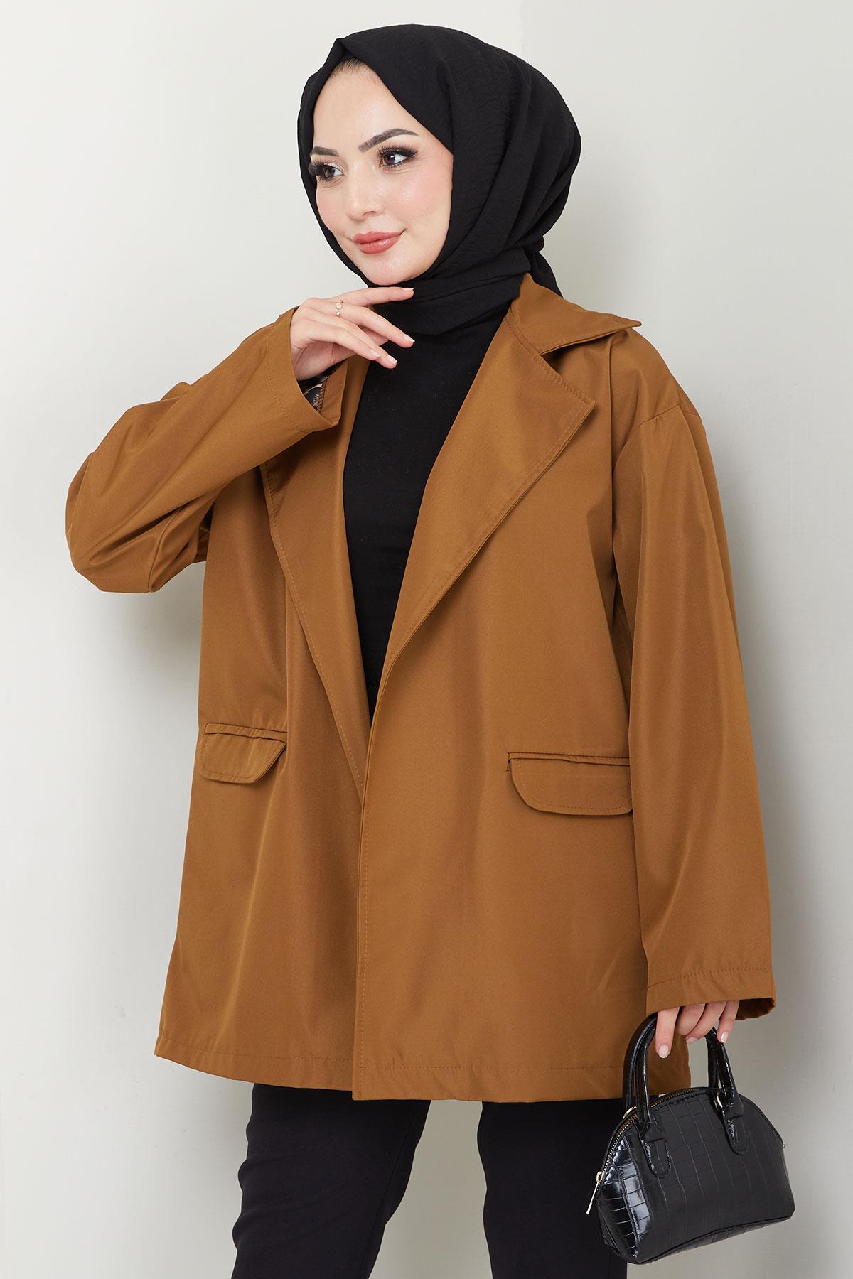 Leopar Detaylı Oversize Bondit Ceket Taba HM2638