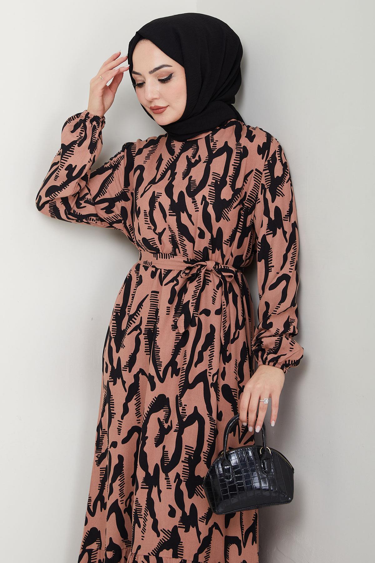 Mery Yazlık Viskon Elbise Taba HM2409