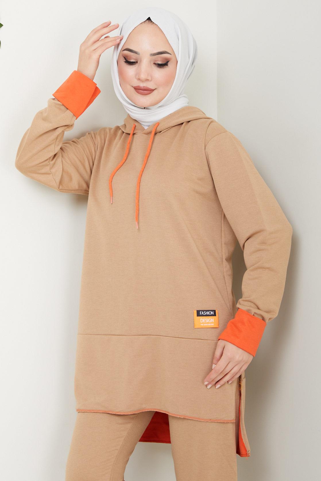 Neon Garnili Kapşonlu Eşofman Takımı Camel HM2465