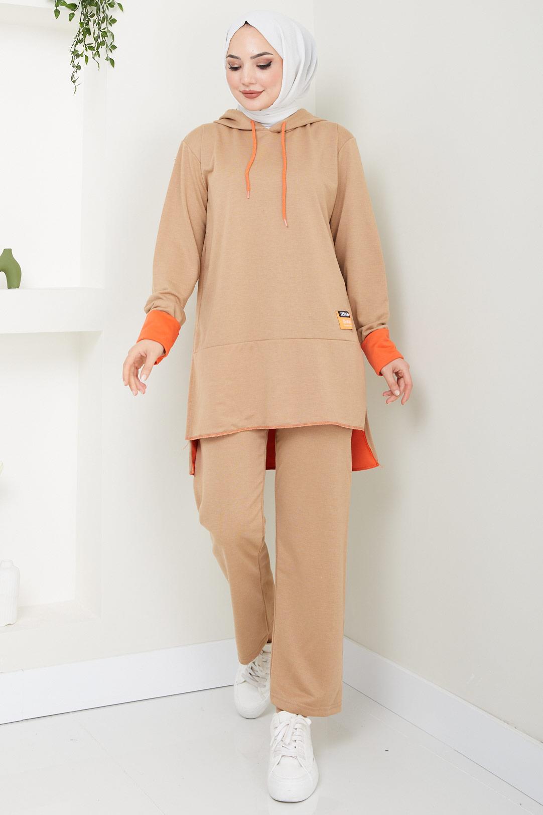 Neon Garnili Kapşonlu Eşofman Takımı Camel HM2465