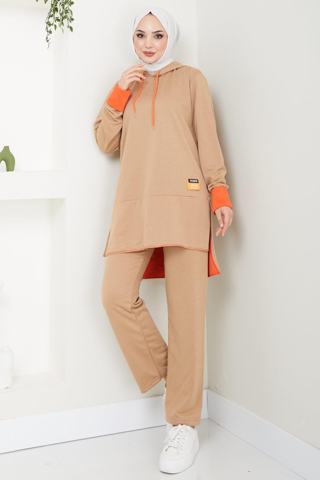 Neon Garnili Kapşonlu Eşofman Takımı Camel HM2465