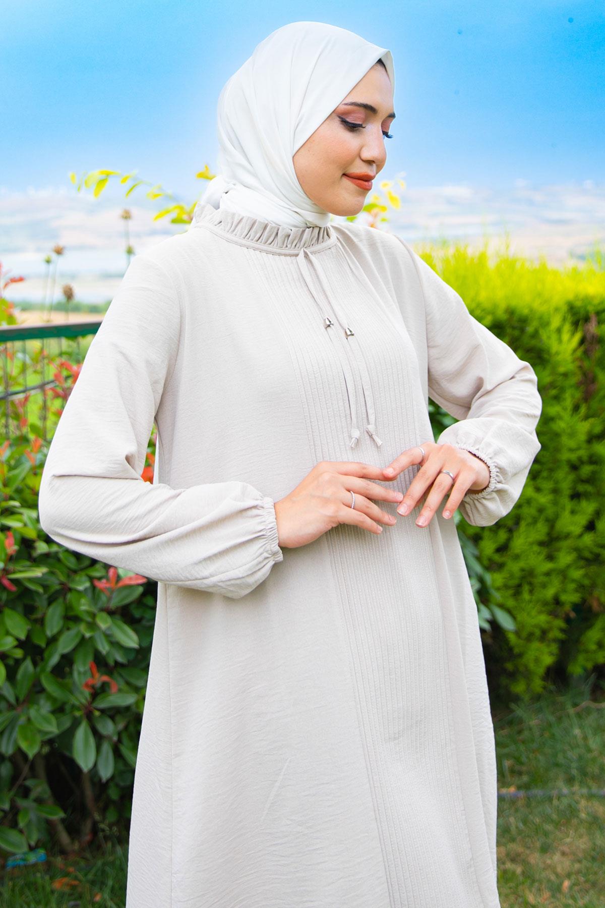 Nervürlü Büyük Beden Bej Tunik
