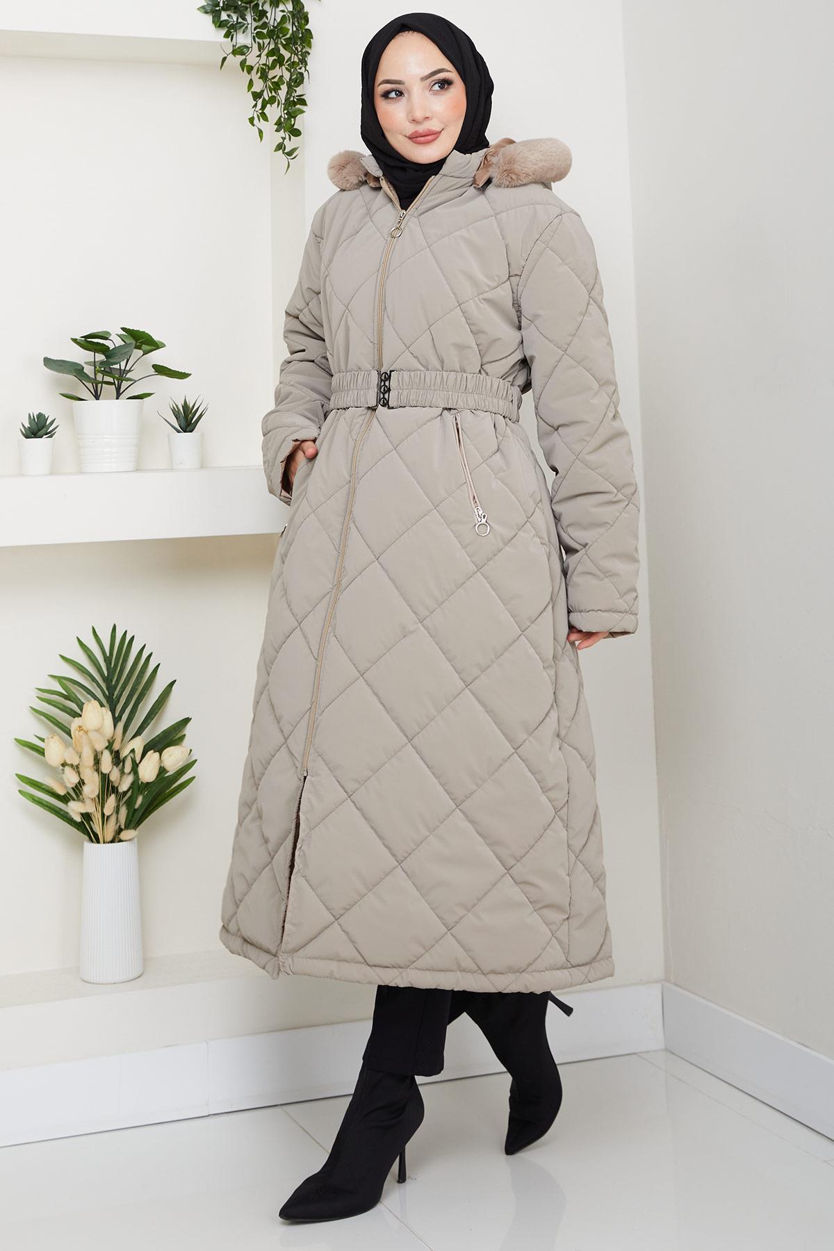 Nova Büyük Beden Kapitone Mont Bej HM2866