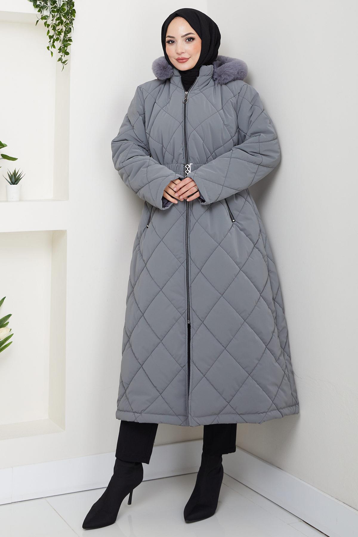 Nova Büyük Beden Kapitone Mont Gri HM2866