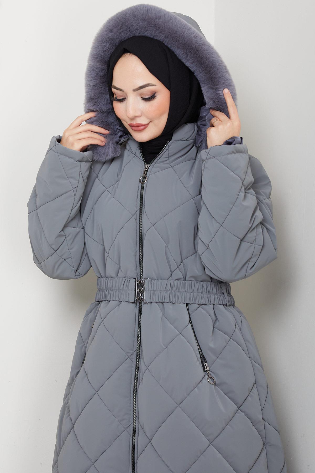 Nova Büyük Beden Kapitone Mont Gri HM2866