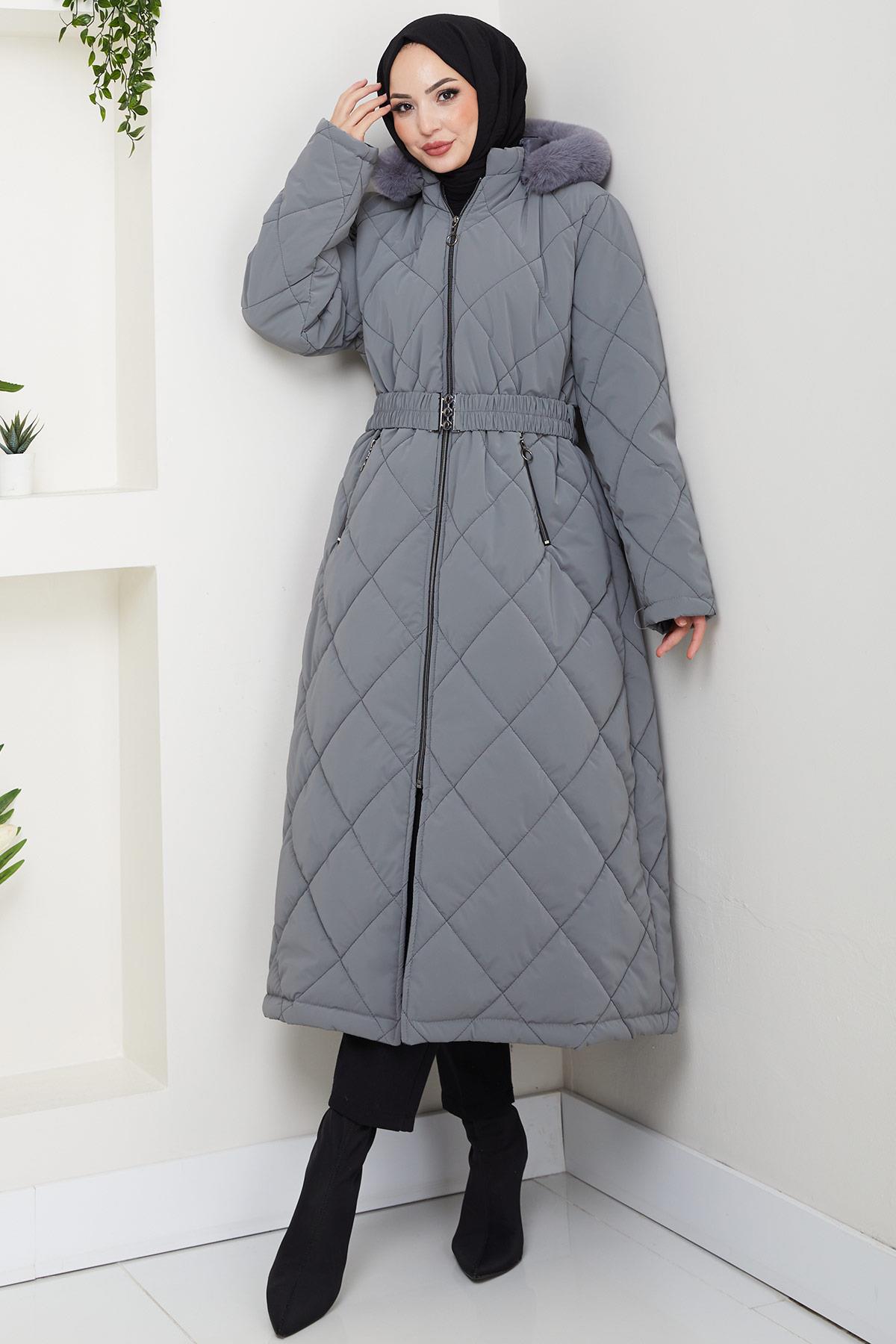 Nova Büyük Beden Kapitone Mont Gri HM2866