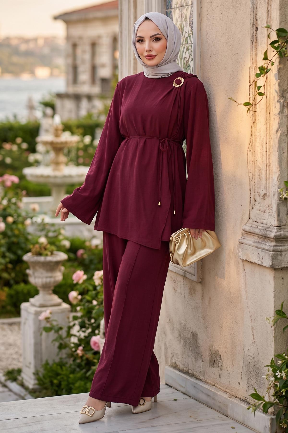 Omuzdan Toka Detaylı Modal Takım Bordo HM2919