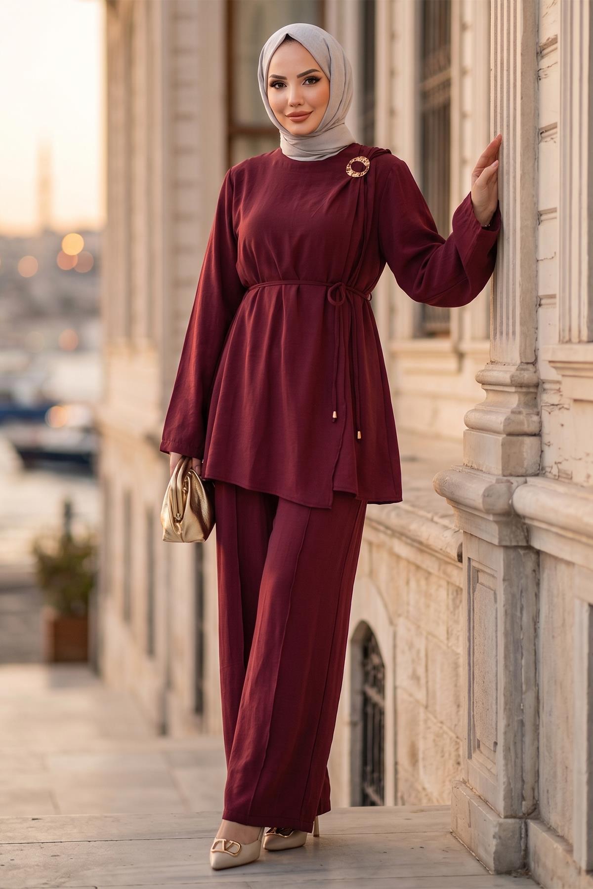 Omuzdan Toka Detaylı Modal Takım Bordo HM2919