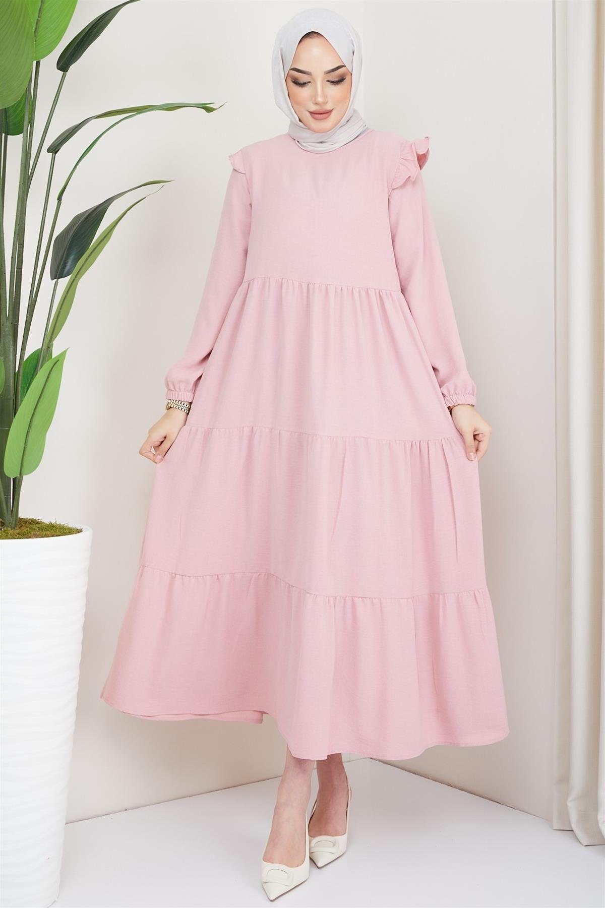 Omuzu Fırfırlı Ayrobin Tesettür Elbise Pembe