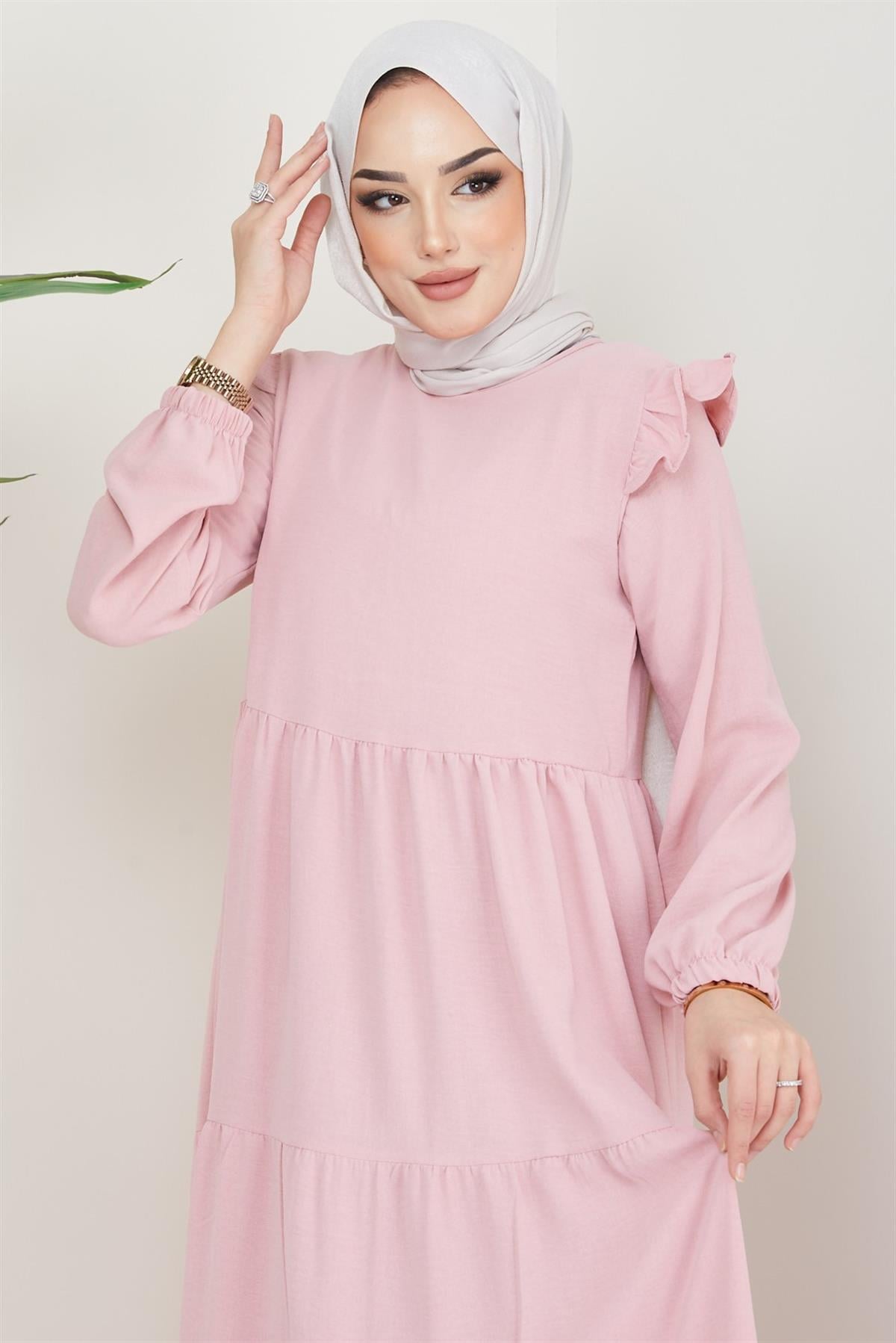 Omuzu Fırfırlı Ayrobin Tesettür Elbise Pembe