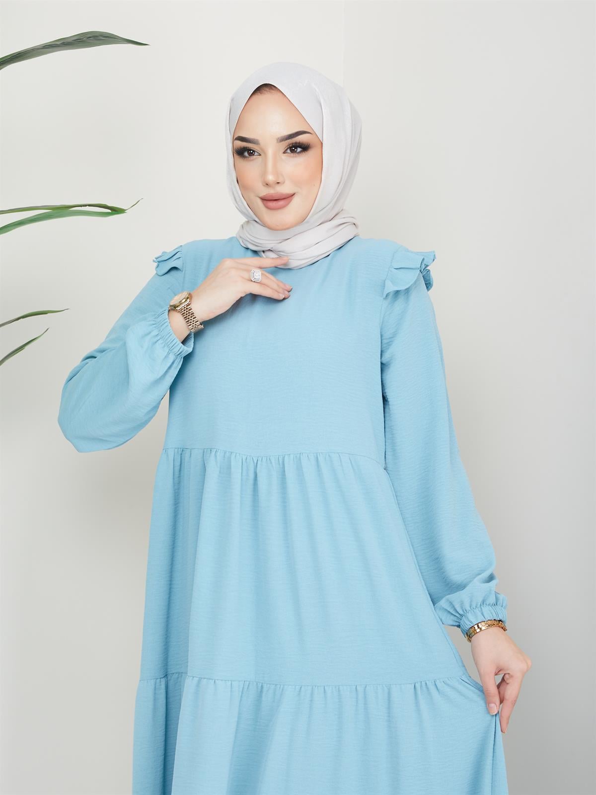 Omuzu Fırfırlı Ayrobin Tesettür Elbise Bebe Mavisi
