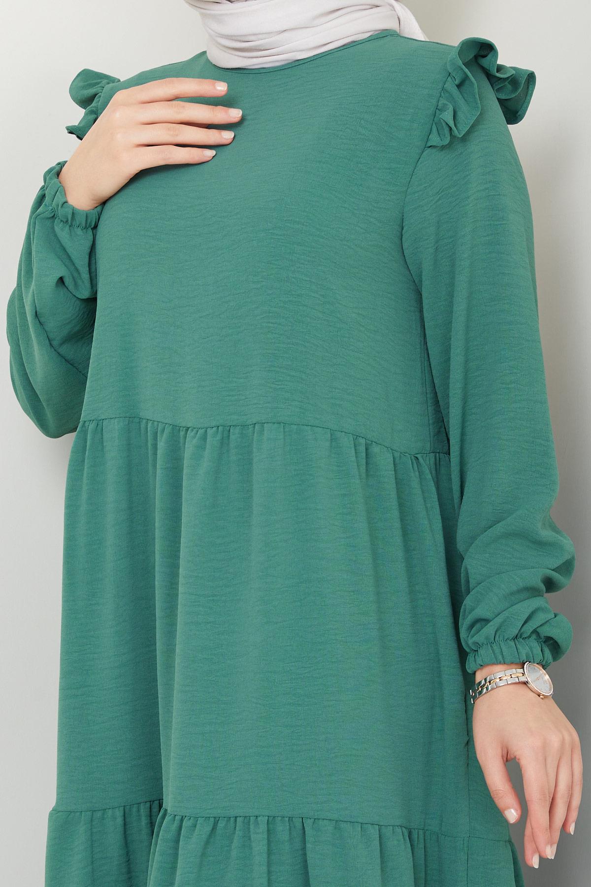Omuzu Fırfırlı Ayrobin Tesettür Elbise Mint HM2062