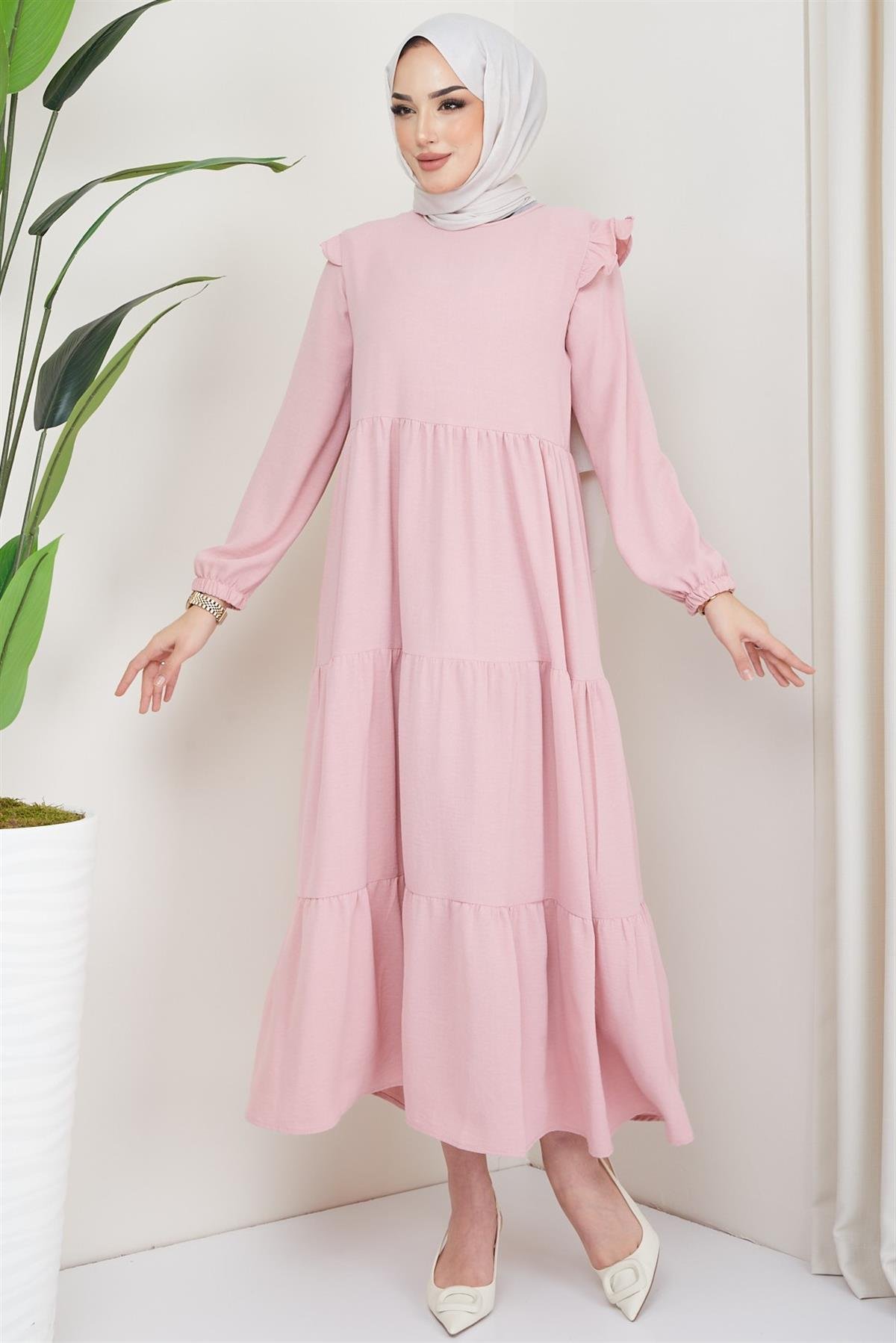 Omuzu Fırfırlı Ayrobin Tesettür Elbise Pembe