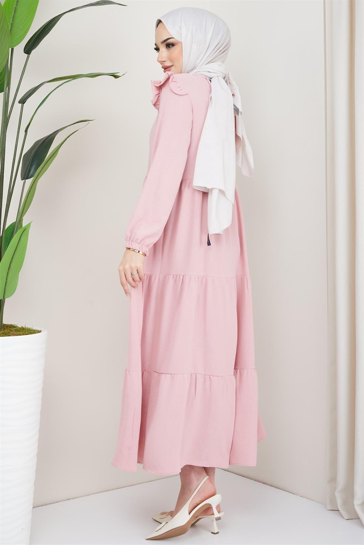Omuzu Fırfırlı Ayrobin Tesettür Elbise Pembe