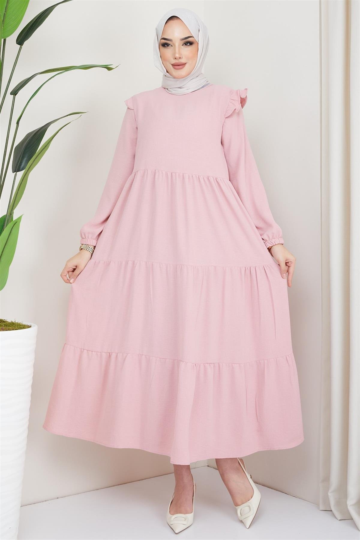 Omuzu Fırfırlı Ayrobin Tesettür Elbise Pembe