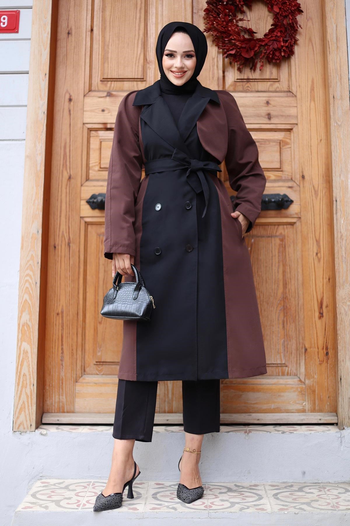 Önü  Garnili  Trençkot  Kahverengi 4434