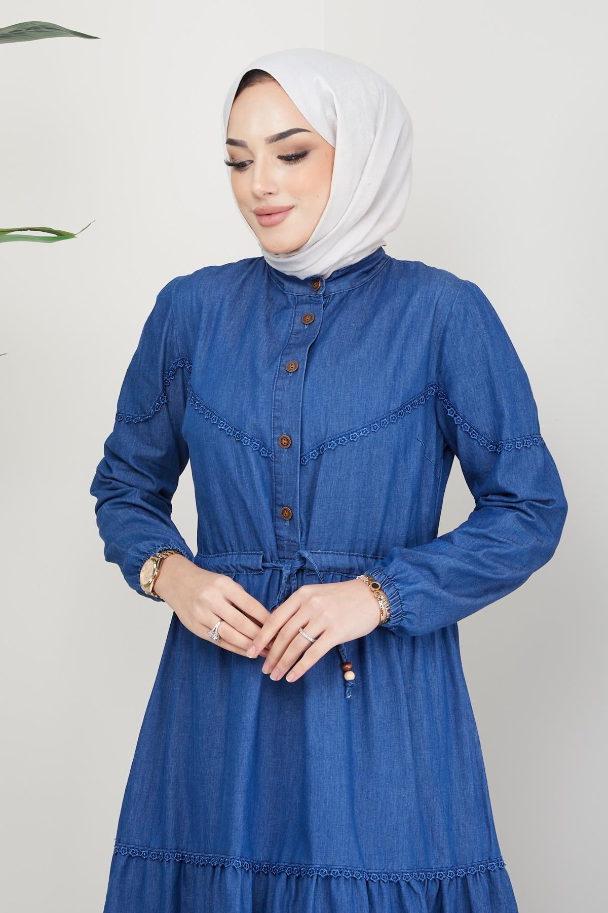 Önü Düğmeli Beli Bağcıklı Kot Elbise Mavi