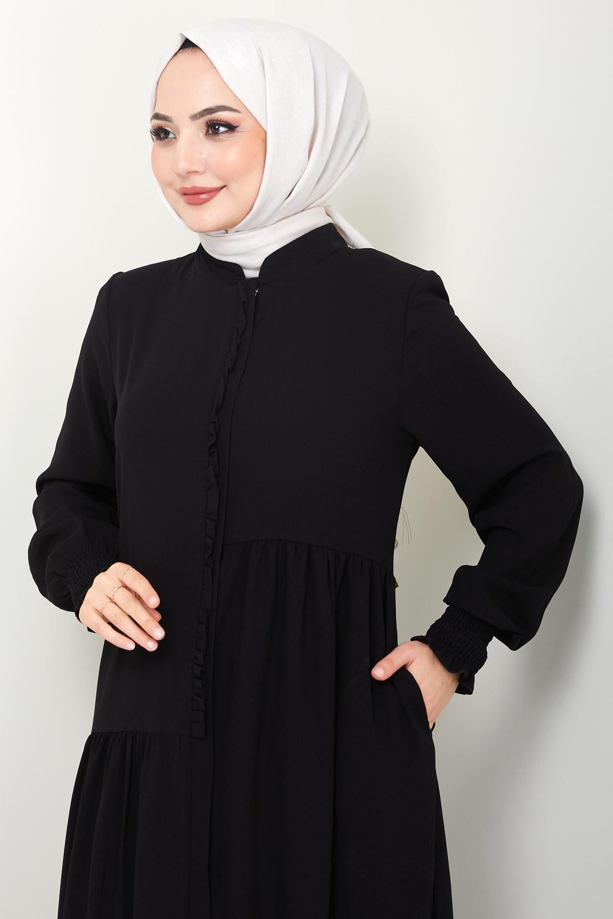 Önü Fırfırlı Asimetrik Kesim Ferace Siyah HM2378