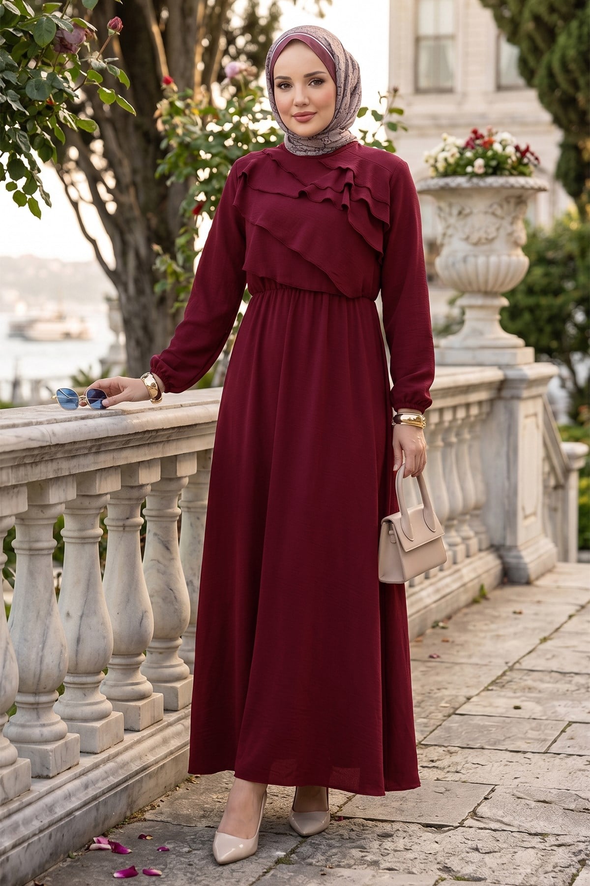 Önü Kat Detaylı Ayrobin Elbise Bordo HM2951