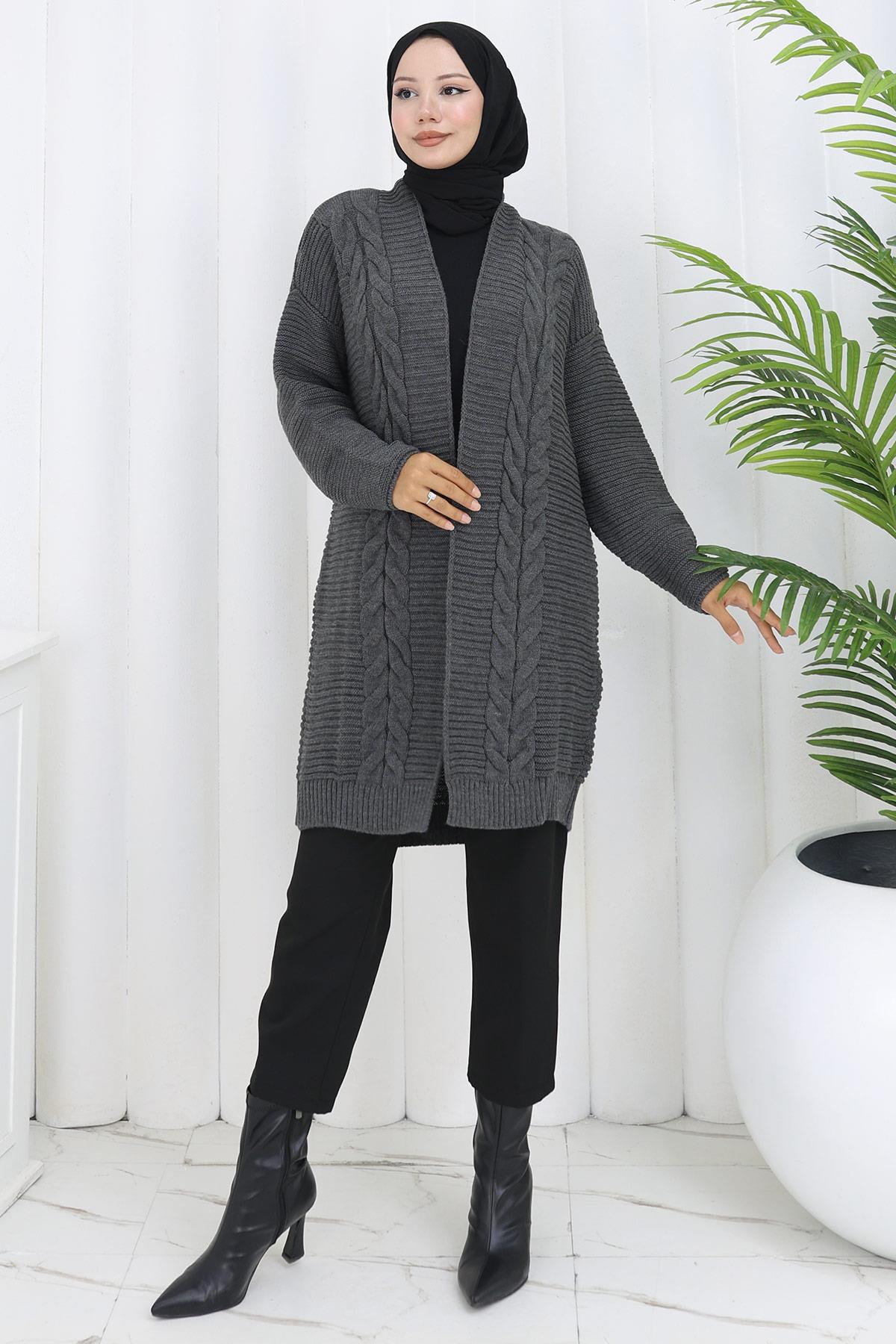 Örgü Desen Araboy Triko Hırka Füme HM2837