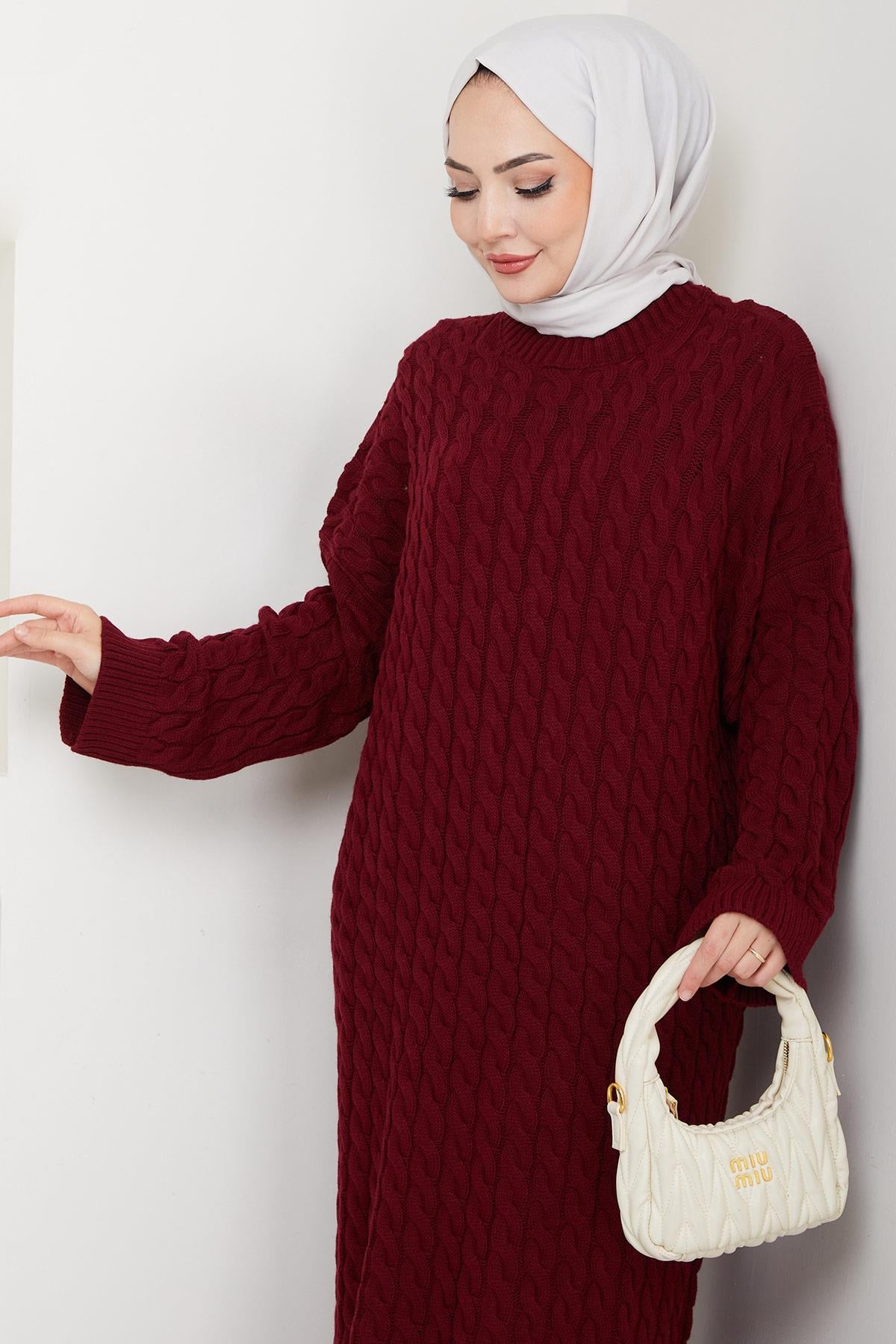 Örgü Desen Triko Elbise Bordo HM2526