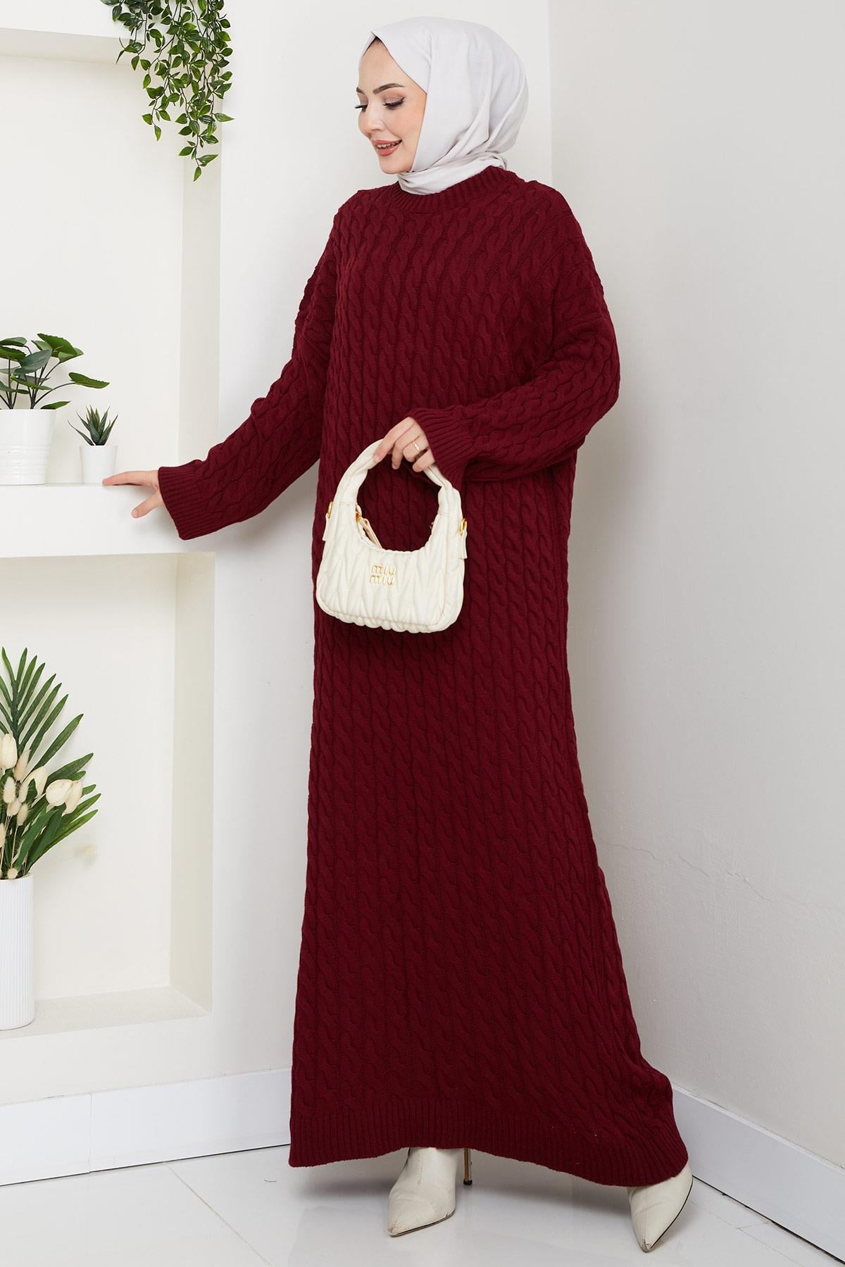 Örgü Desen Triko Elbise Bordo HM2526