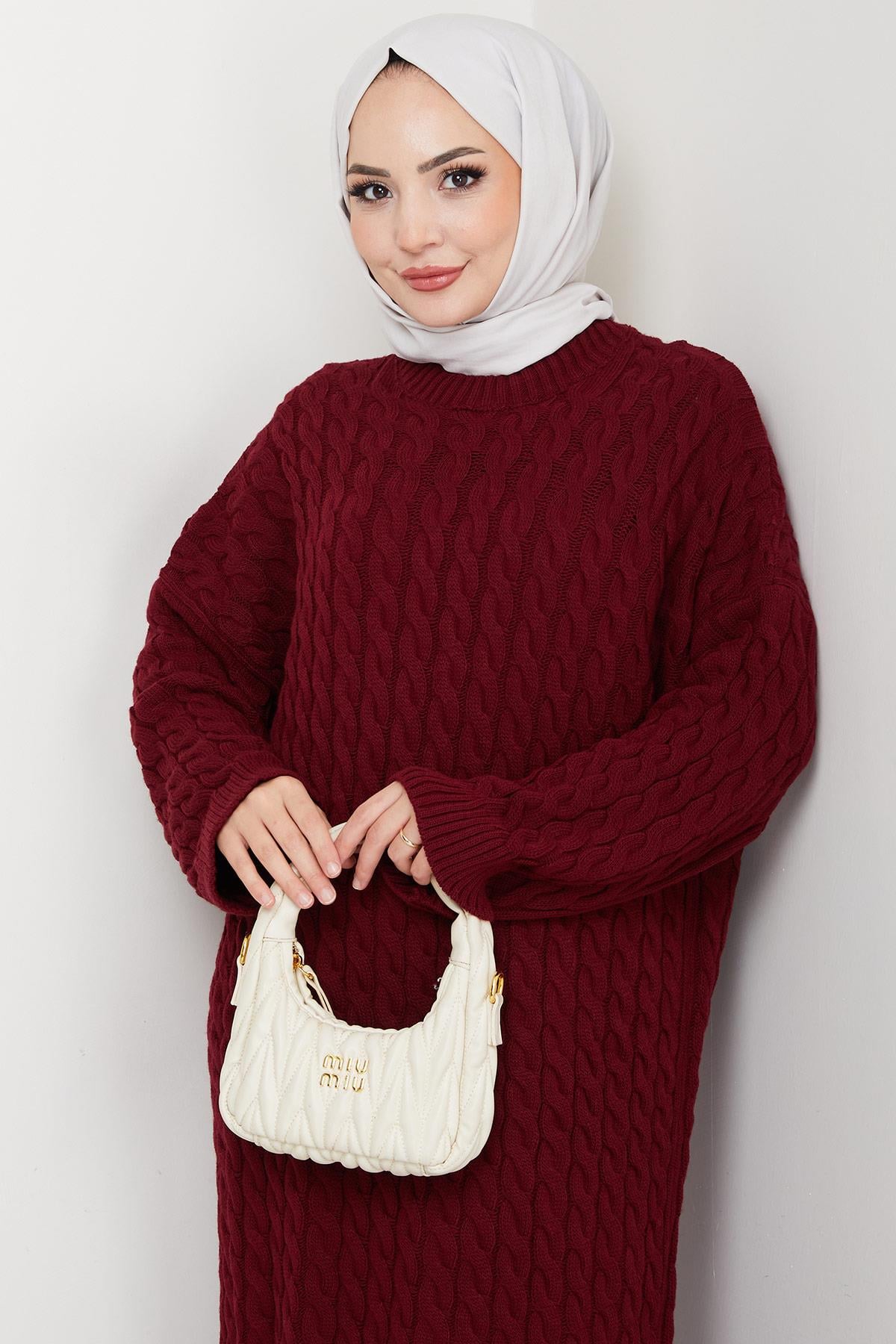 Örgü Desen Triko Elbise Bordo HM2526