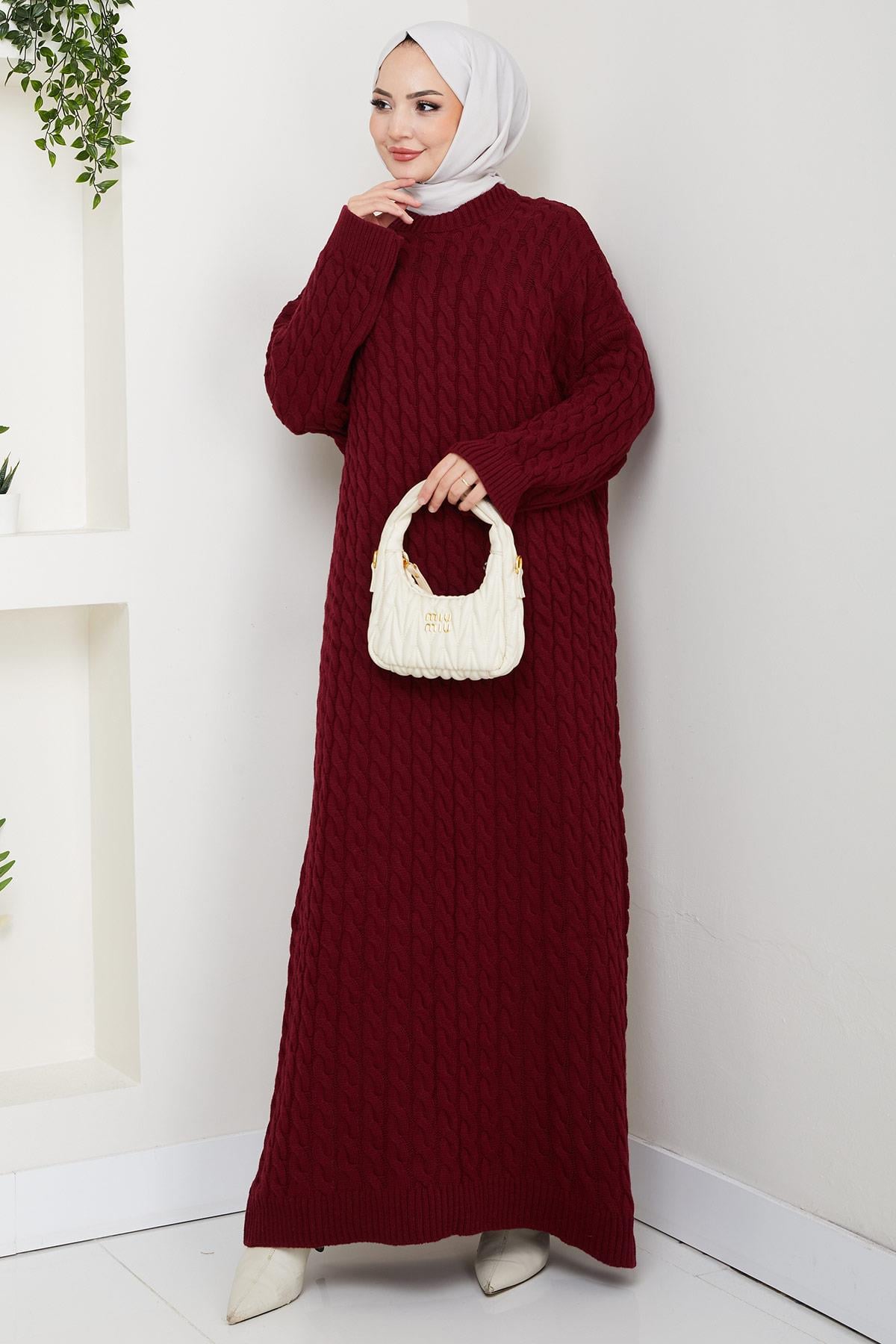 Örgü Desen Triko Elbise Bordo HM2526